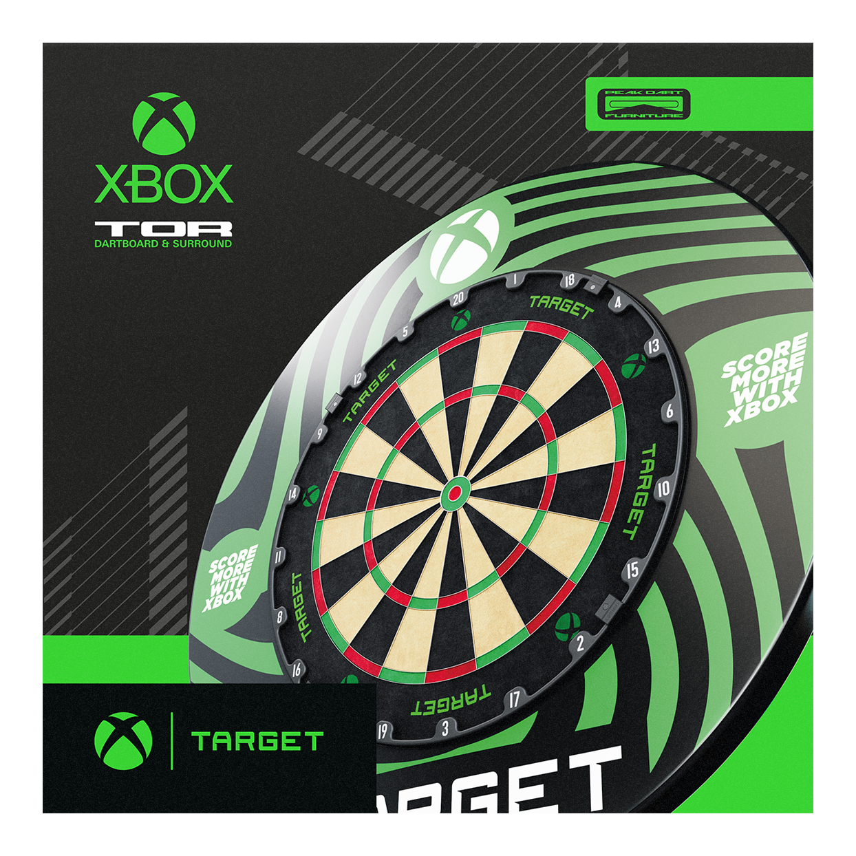 Target Xbox Dartboard Surround-bundel Abgebildet ist das Target Xbox Dartboard Surround Bundle. Es handelt sich um ein Set für Xbox-Dartboards.