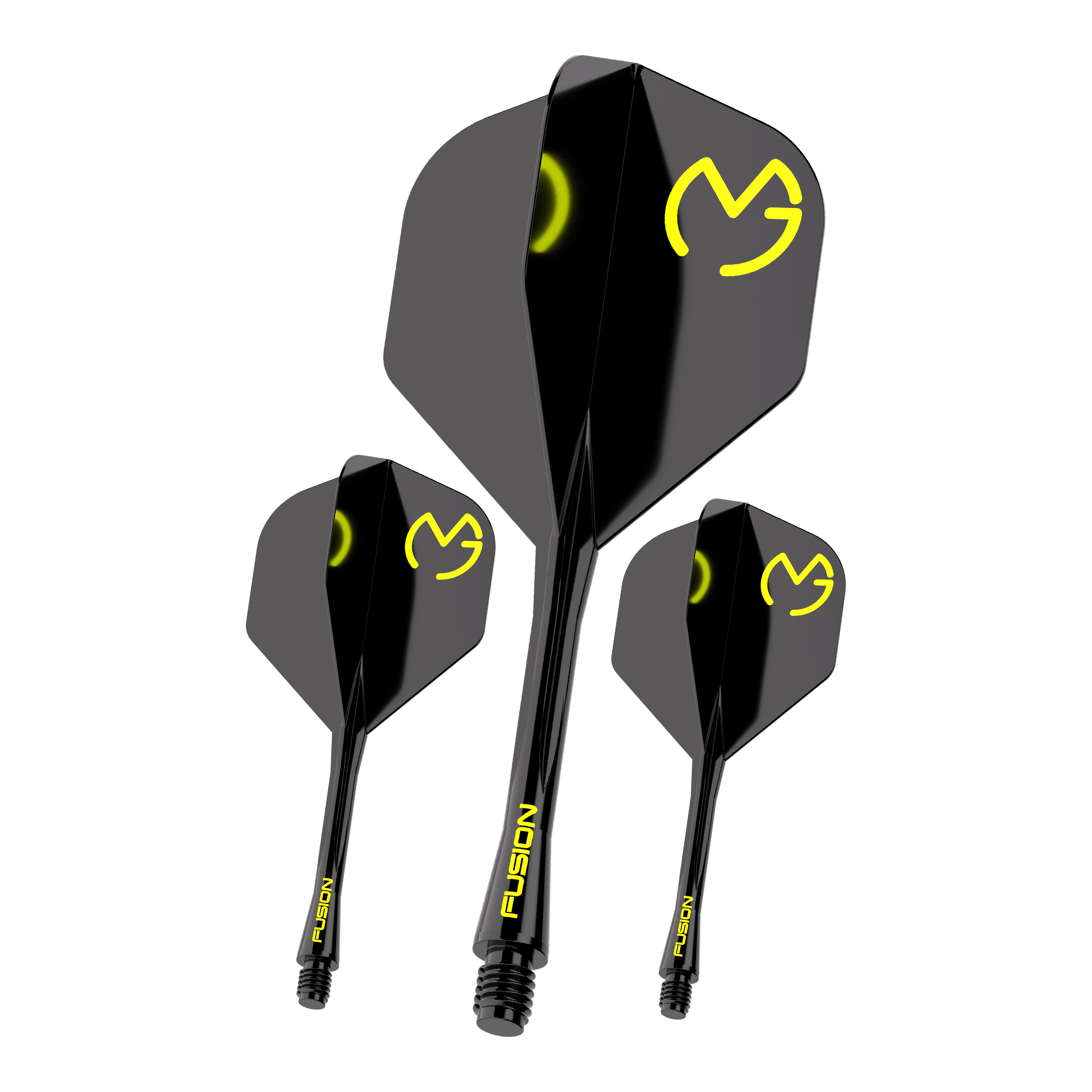 Winmau Fusion Flight Shaft-systeem Michael Van Gerwen Pacman No2 standaard Das Bild zeigt drei schwarze Dartflights mit gelbem "MVG"-Logo und der Aufschrift "FUSION" auf den Schäften. Es handelt sich um das Produkt "Winmau Fusion Flight-Shaft-System Michael Van Gerwen Pacman No2 Standard".