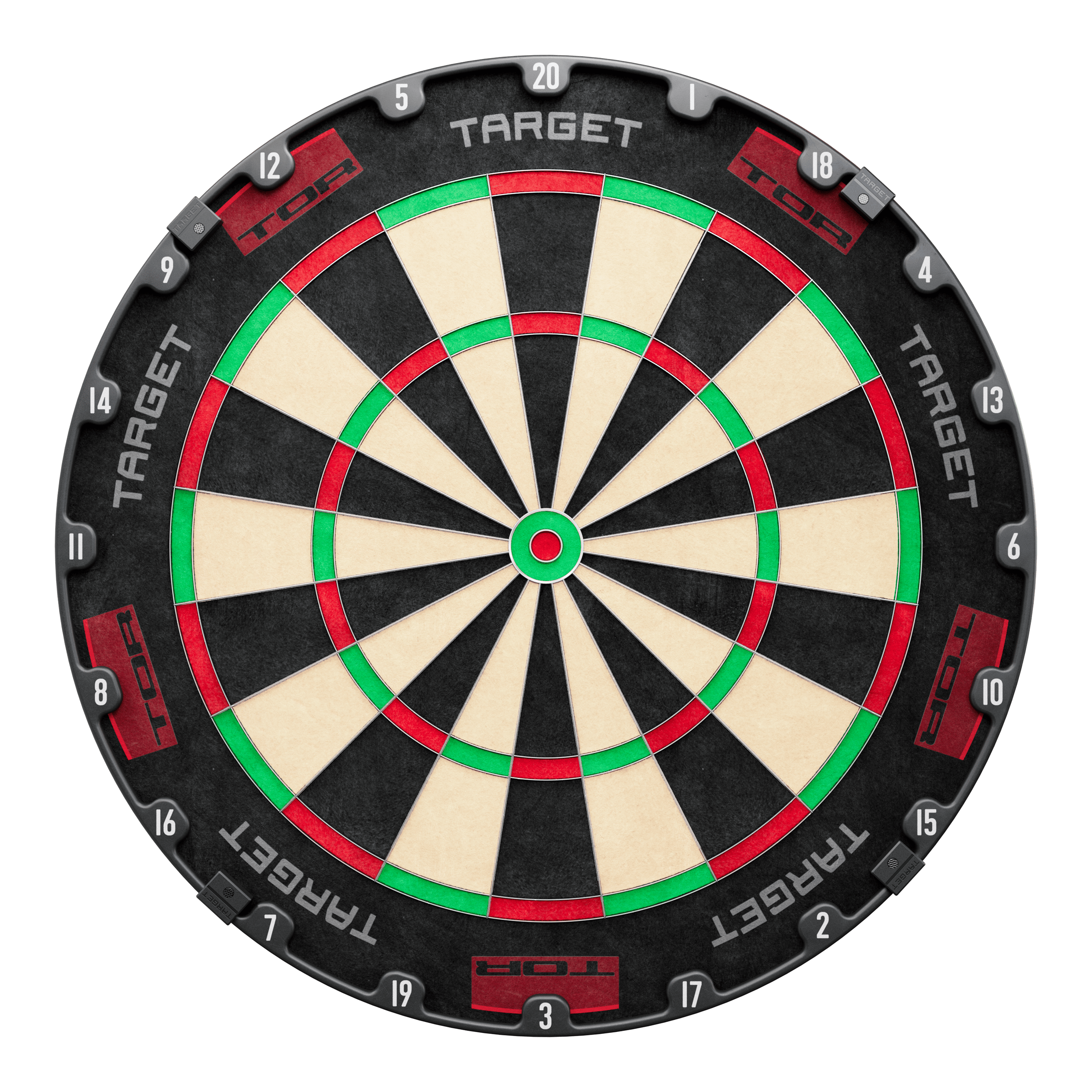 Target TOR Steel Dartbord Target TOR Steeldartboard ist als rundes Dartboard klar abgebildet. Die Segmente und Zahlen sind sichtbar.