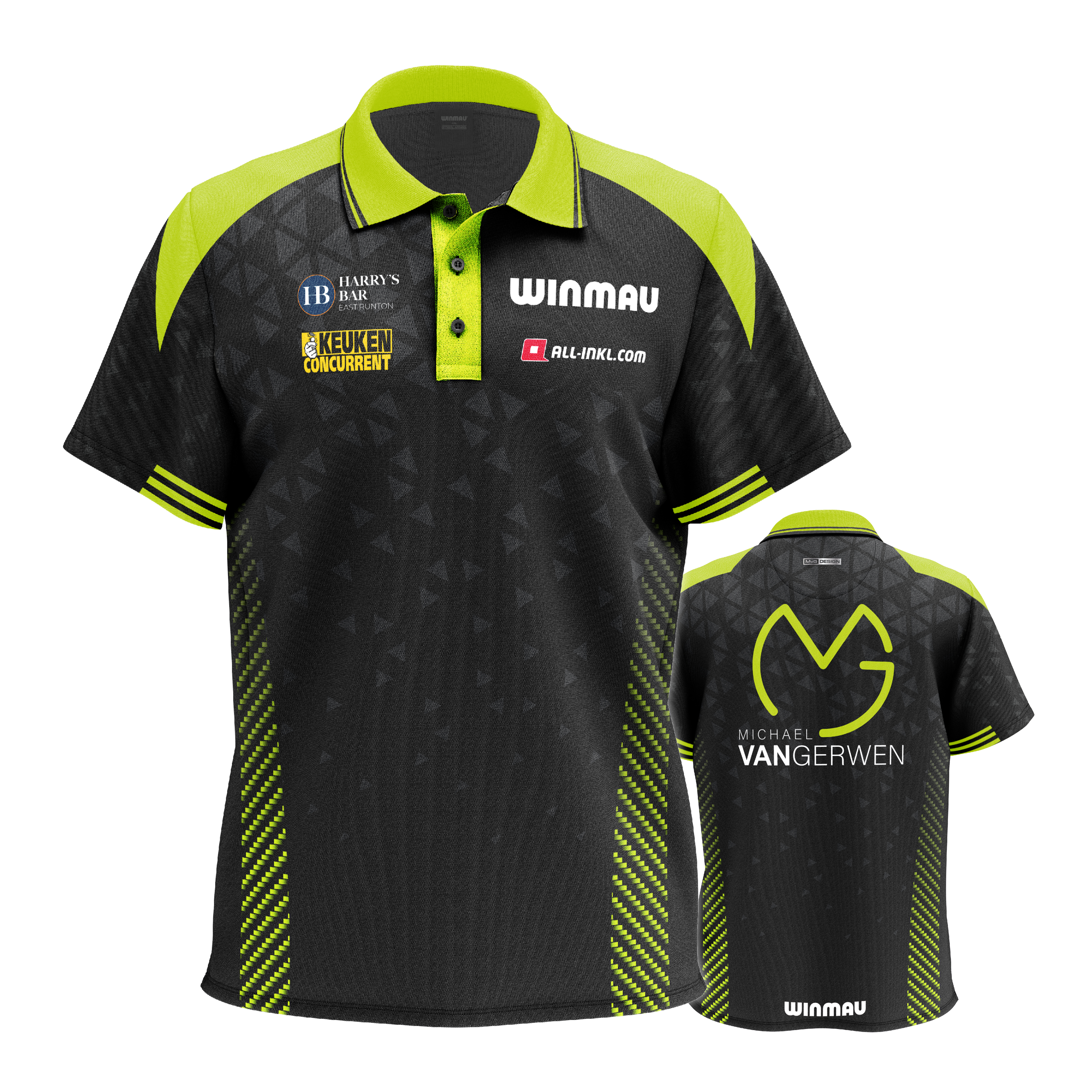 Auf dem Bild ist das Winmau Michael Van Gerwen Stage Poloshirt zu sehen. Dieses Poloshirt ist für Dart-Fans gestaltet.