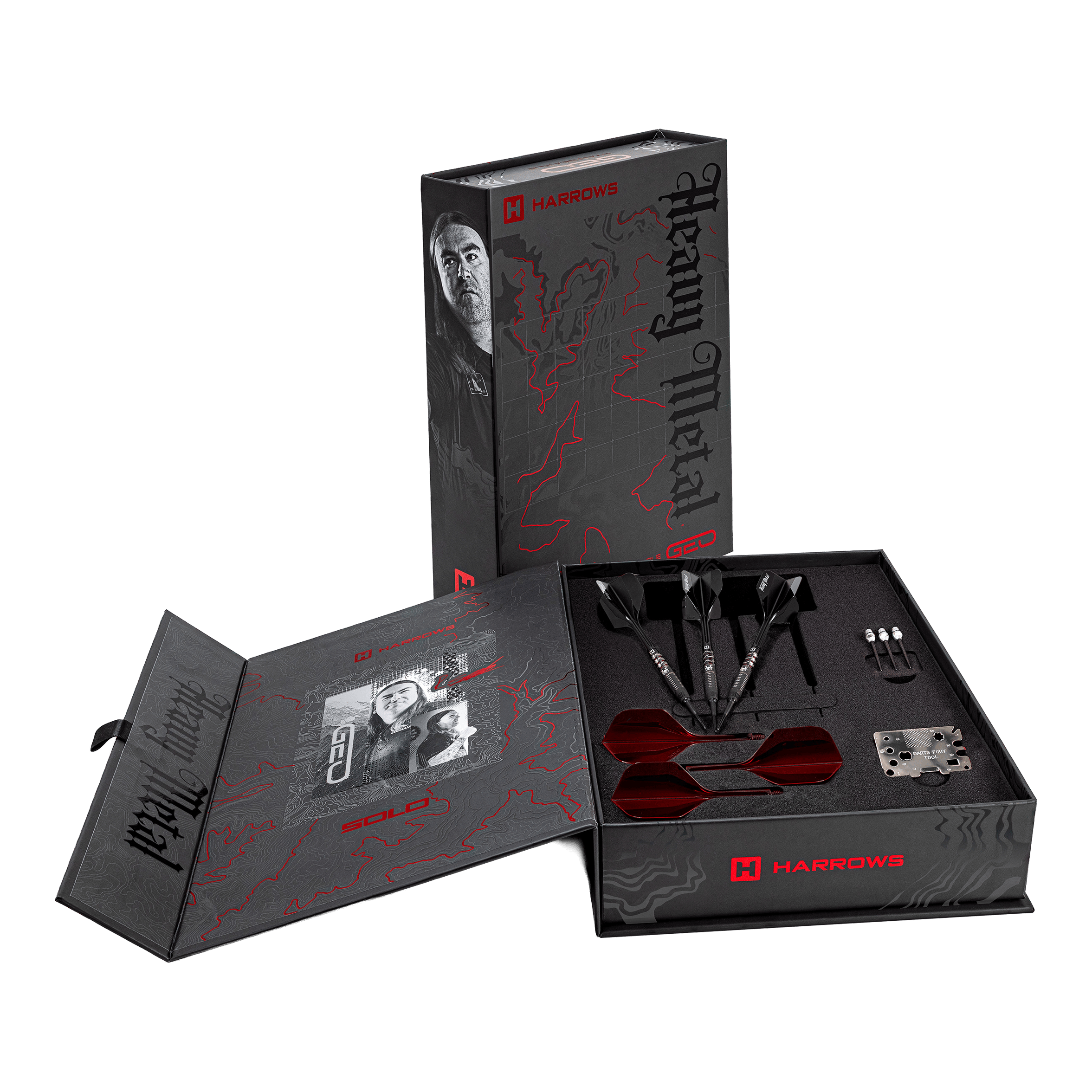 Harrows Ryan Searle Geo Softdarts mit 20g werden gezeigt. Die Darts sind silberfarben und sportlich.