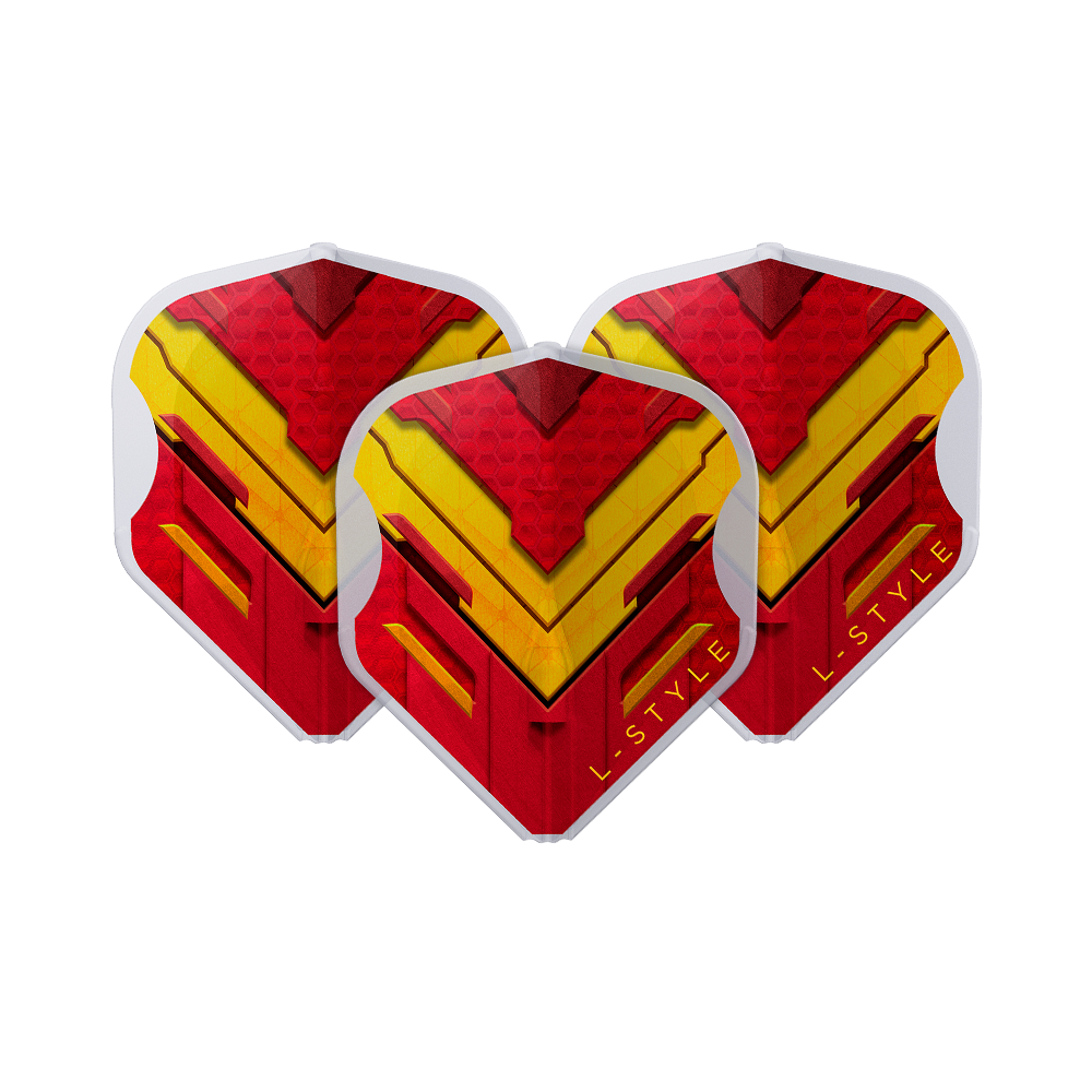 L-Style V-Serie V1 Type A Spanje Helder Wit L1EZ Vluchten Das Bild zeigt drei Dart-Flights der Marke L-Style in den Farben Rot, Gelb und Weiß. Auf den Flights ist ein auffälliges, geometrisches Muster mit dem Schriftzug "L-STYLE" zu sehen.