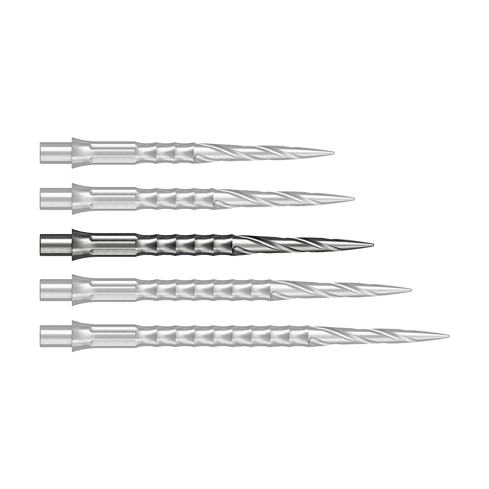 Zu sehen ist vermutlich eine Steeldartspitze in Silber, 32 mm lang. Das Produkt ist eine Spiro NoLip Spitze vom Caliburn Evo System.