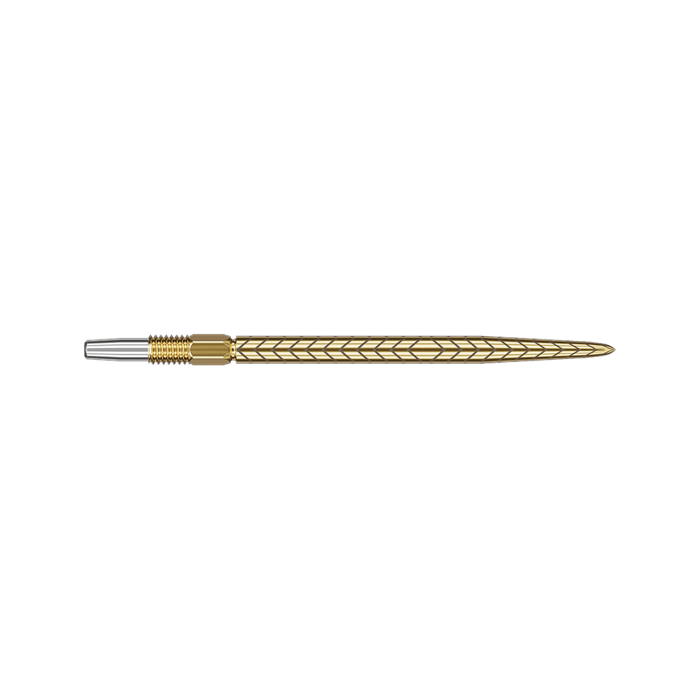 Target Swiss Point RVE darttips - Goud Das Bild zeigt eine goldfarbene Dartspitze mit einem feinen, eingravierten Muster. Die Spitze ist lang und hat ein elegantes, schlankes Design.