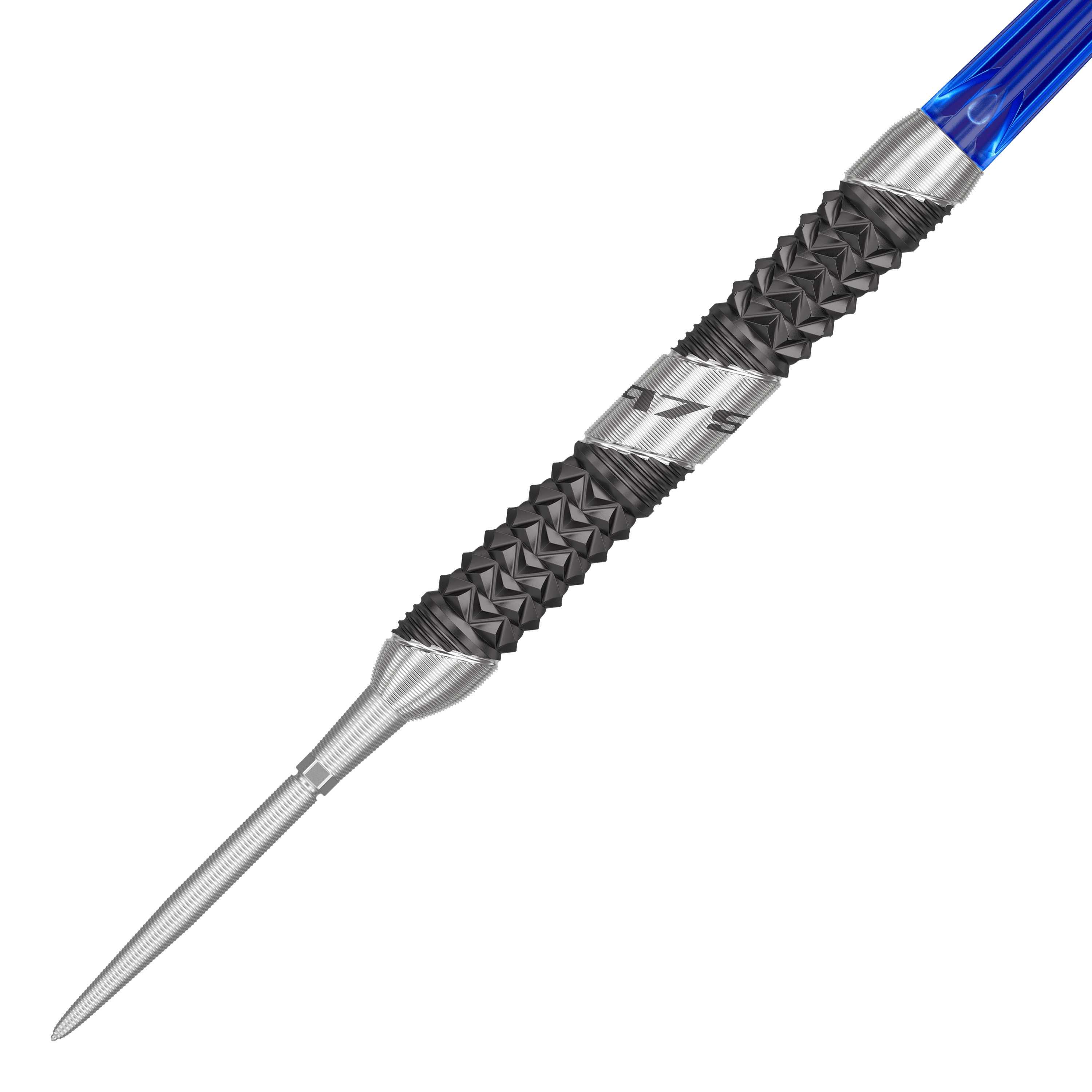 Target 975 Ultra Marine 01 Swiss Point stalen darts Das Bild zeigt einen Target 975 Ultra Marine 01 Swiss Point Steeldart. Der Dart hat ein markantes, silbernes und schwarzes Griffdesign mit einer blauen Schaftspitze.