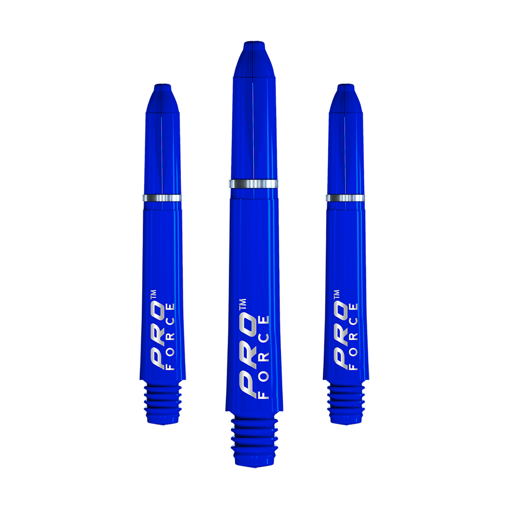 7011_104_Winmau_Pro-Force_Shafts_Blau_35mm_1 Das Bild zeigt drei blaue Winmau Pro-Force Shafts für Dartpfeile. Auf jedem Shaft steht in weißer Schrift "PRO FORCE".