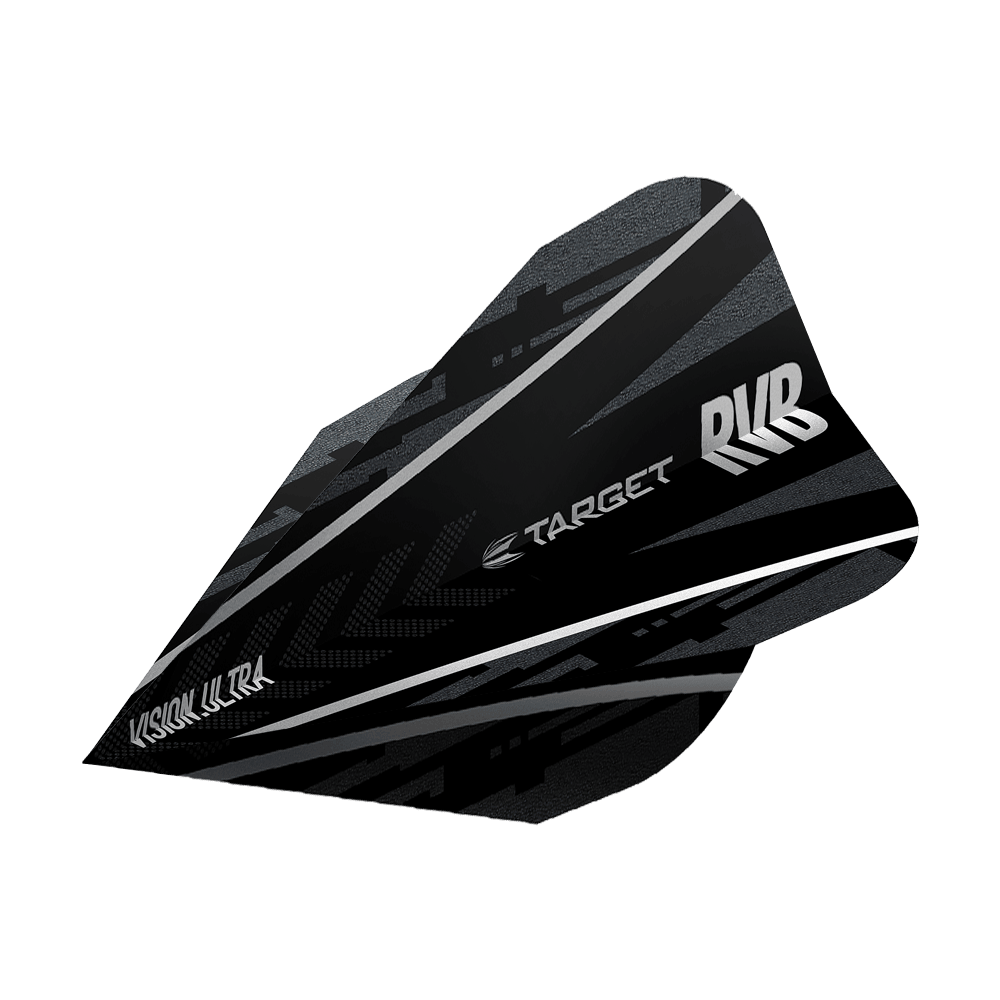 TG58_331780_Target_Ultra_Ghost_RvB_Vapor_Flights_2 Das Bild zeigt ein Target Ultra Ghost RvB Vapor Flight für Darts. Das Flight ist schwarz mit silbernen und grauen Akzenten sowie dem Target- und RvB-Logo.