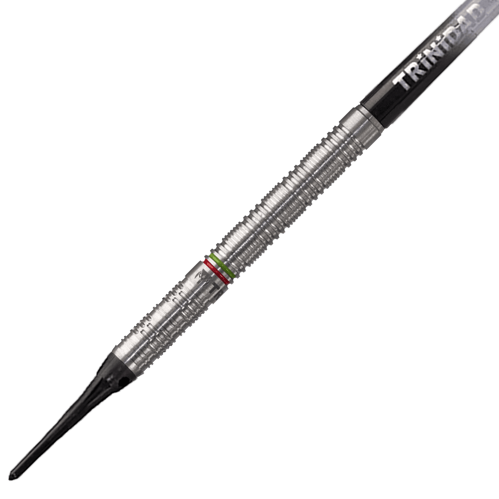 D7622_Trinidad_Jose_De_Sousa_Type_3_Softdarts_2 Das Bild zeigt einen Trinidad Jose De Sousa Type 3 Softdart mit einem Gewicht von 18g. Der Dart ist silberfarben mit feinen Rillen und besitzt einen schwarzen Softdart-Spitze.