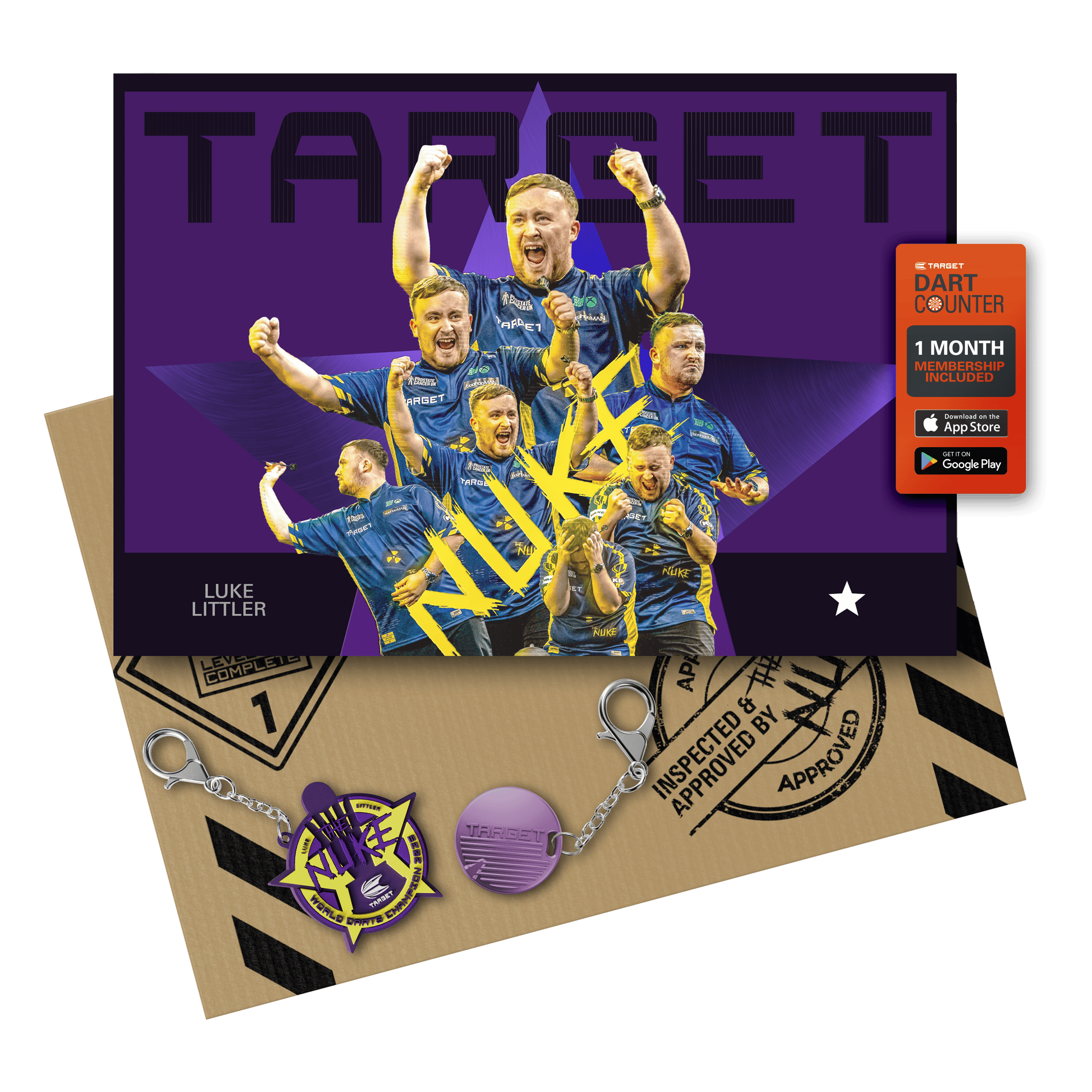 Target Luke Littler Wereldkampioen 2025 Editie Steeldarts - 23g Das Bild zeigt das Produkt "Target Luke Littler World Champion 2025 Edition Steeldarts - 23g" mit einer bunten und dynamischen Verpackung. Auf dem Bild sind außerdem zwei Schlüsselanhänger und eine Dart Counter Mitgliedskarte abgebildet.