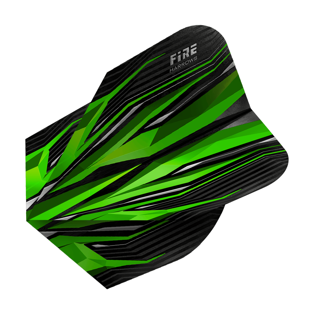 HR2_Harrows_Fire_Green_Standard_Flights_2 Das Bild zeigt die Harrows Fire Green Standard Flights. Sie haben ein auffälliges Design in Grün und Schwarz mit scharfen Linien und Mustern.