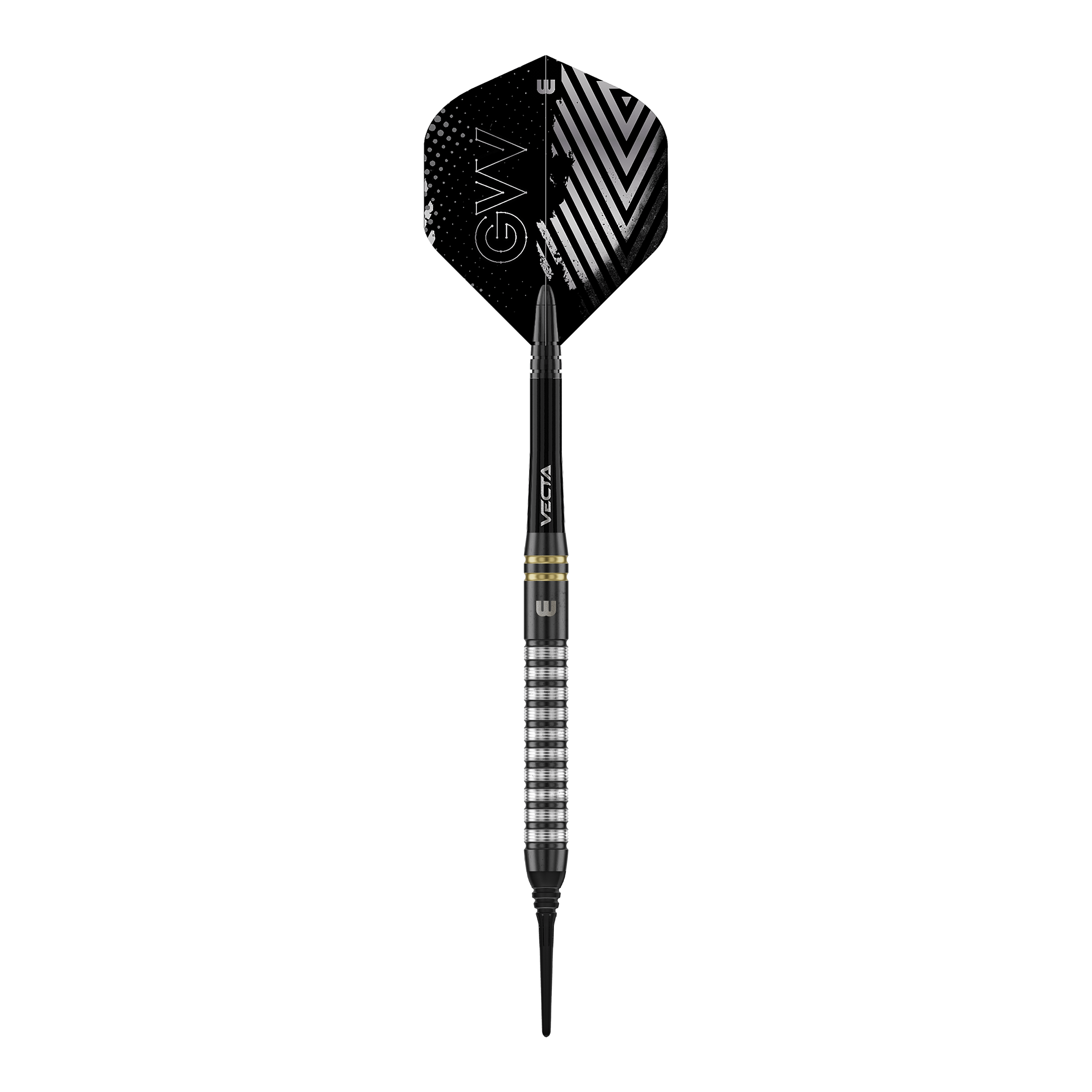 Winmau Gian Van Veen TS zachte dartpijlen - 18g Winmau Gian Van Veen TS Softdarts mit 18g werden aus der Nähe gezeigt. Ein einzelner Dartpfeil liegt im Fokus des Bildes.