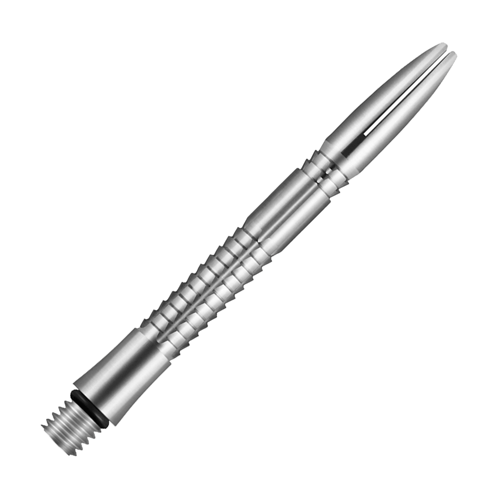 Shot Mako Titanium Shafts Das Bild zeigt einen silbernen, gerillten Titanschaft für einen Dartpfeil. Er hat eine glatte, spitz zulaufende Oberfläche und ist detailliert verarbeitet.
