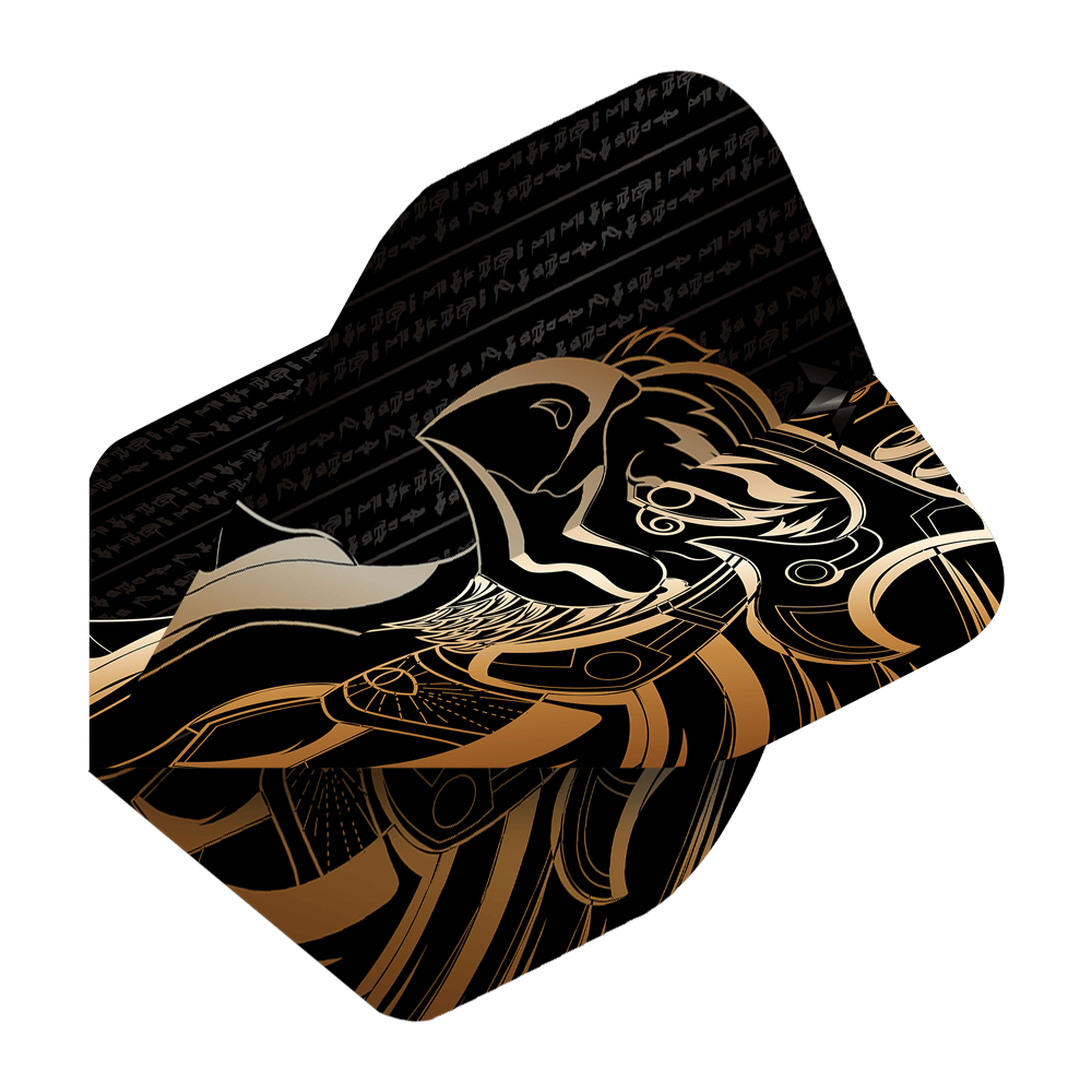 Mission Solo Horus No2 Standaardvluchten Das Bild zeigt das Produkt "Mission Solo Horus No2 Standard Flights". Das Design ist schwarz-gold mit einem stilisierten Horus-Motiv und ägyptischen Schriftzeichen.