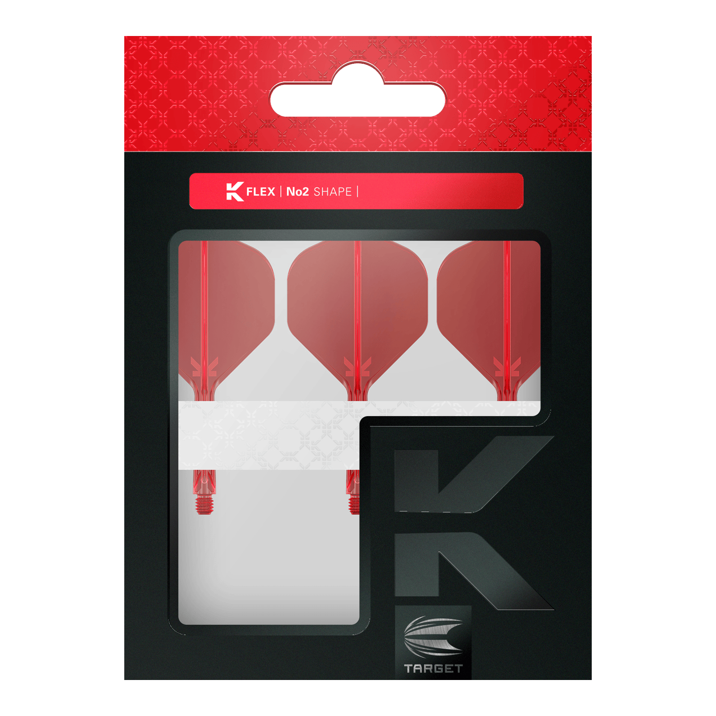 Target K-Flex No2 Standaard Vluchtsysteem - Rood Die Abbildung zeigt eine Packung mit drei roten Dart-Flights von Target in der Form No2. Die Verpackung ist überwiegend schwarz mit einem roten oberen Abschnitt und einem Sichtfenster.