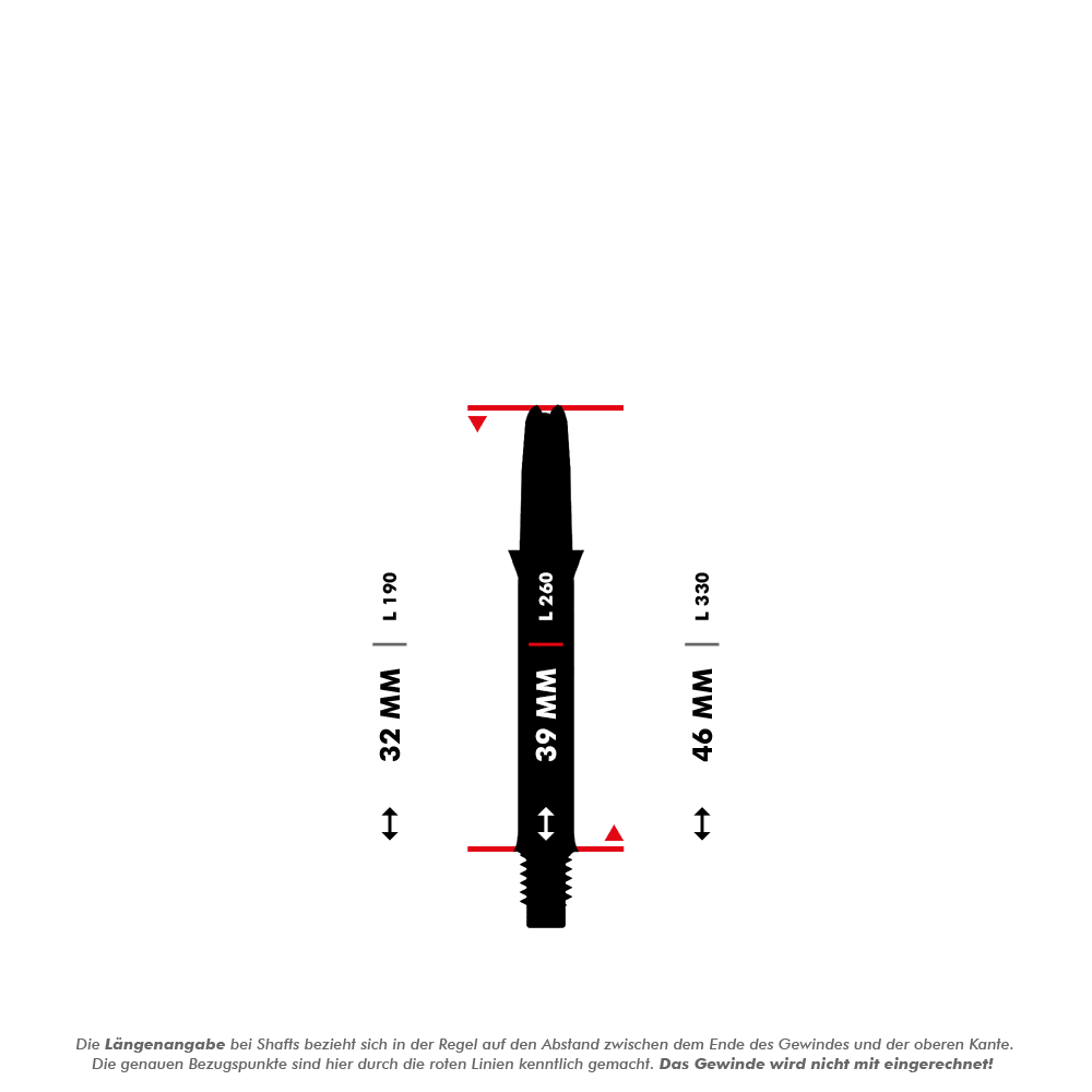 L-L-Style-Shaft Carbon Silent Straight - Zwart Das Bild zeigt einen schwarzen Dart-Schaft mit Längenangaben in Millimetern. Die mittlere Länge des Schafts beträgt 39 mm, gemessen zwischen den rot markierten Linien.