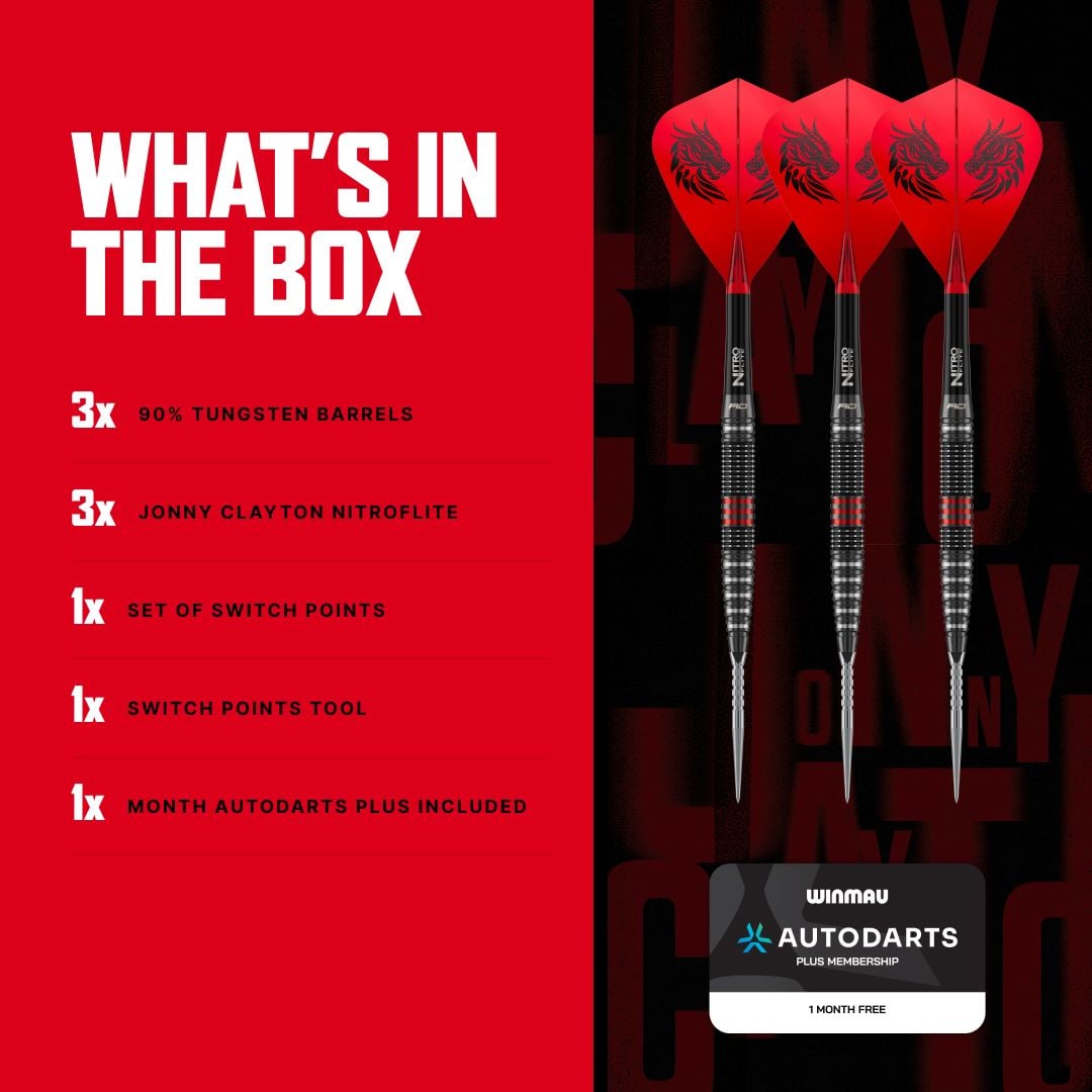 Red Dragon Jonny Clayton RD-PRO Switch Point stalen dartpijlen Die Aufnahme zeigt Red Dragon Jonny Clayton RD-PRO Switch Point Steeldarts aus einer anderen Perspektive. Die feine Struktur und Form der Darts ist erkennbar.