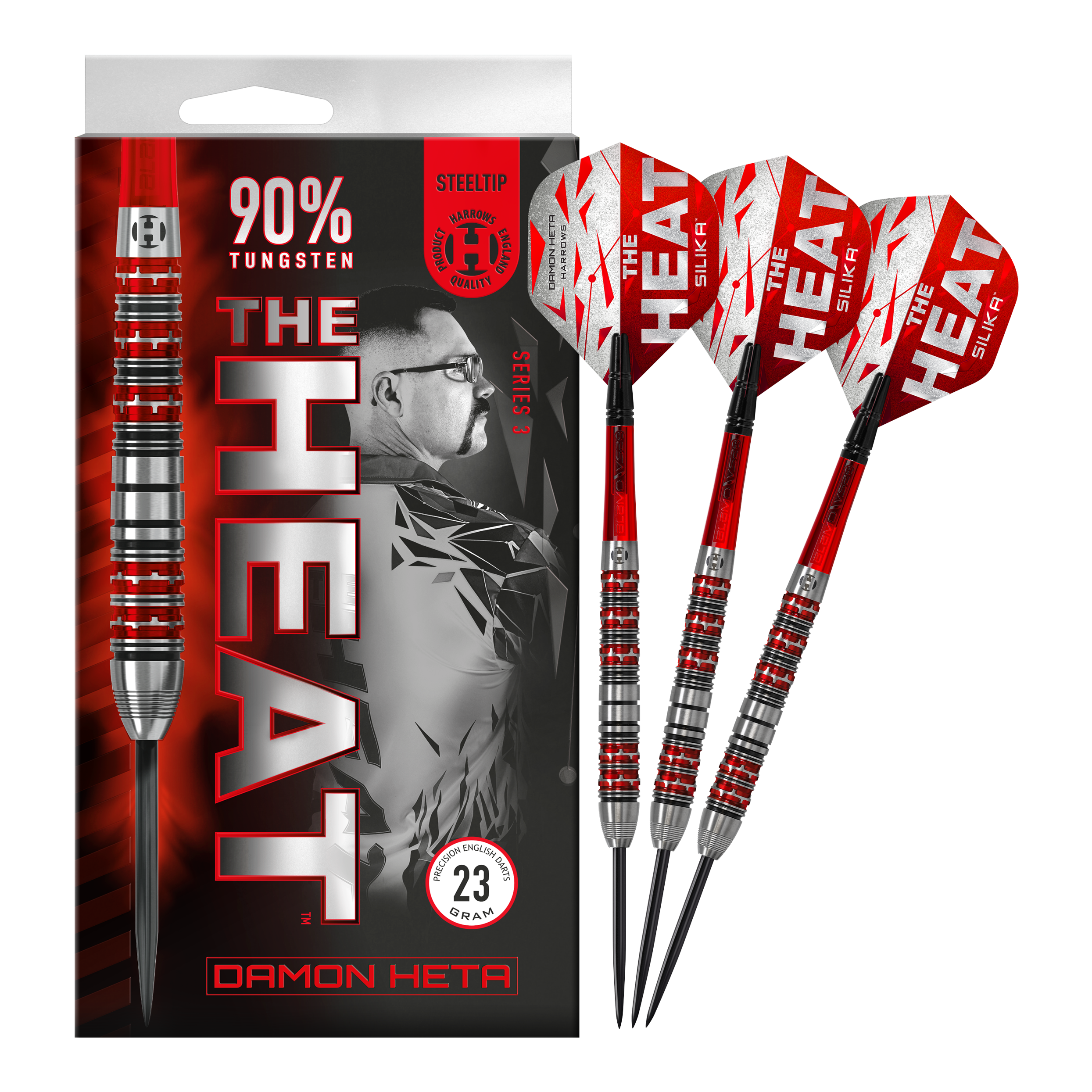 Harrows Damon Heta Series 3 Steeldarts Die Abbildung zeigt die Steeldarts "Harrows Damon Heta Series 3" mit auffälligem roten und silbernen Design. Auf der Verpackung steht, dass die Darts aus 90% Tungsten bestehen und 23 Gramm wiegen.