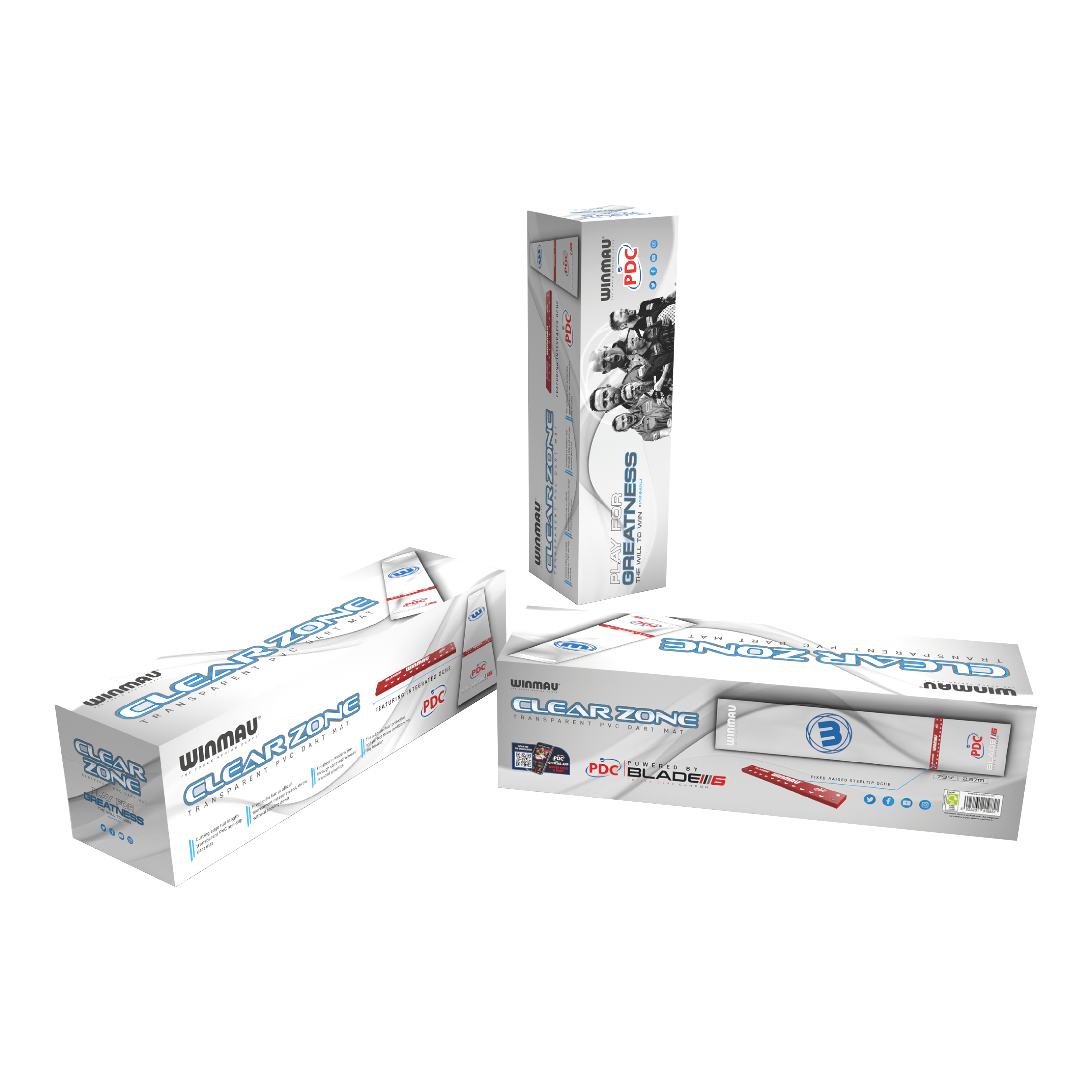Winmau Clearzone PVC dartmat met oche Das Bild zeigt drei Verpackungen des Produkts "Winmau Clearzone PVC Dartmatte mit Oche". Die Verpackungen sind hauptsächlich weiß mit blauen und roten Akzenten gestaltet.