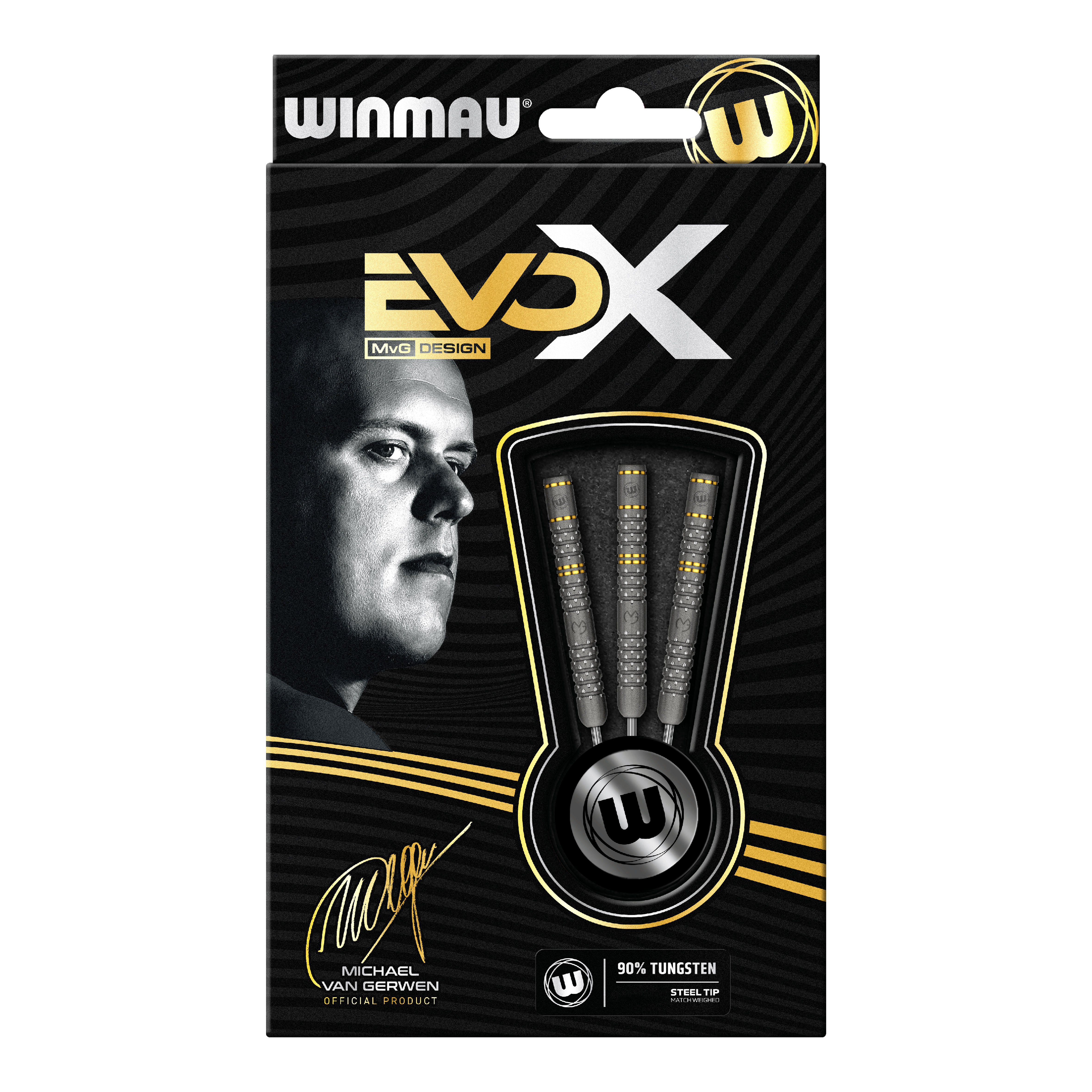 Winmau Michael Van Gerwen Evo-X stalen dartpijlen Die Verpackung zeigt die "Winmau Michael Van Gerwen Evo-X Steeldarts" mit stilvollem Design und prominenter Abbildung von Michael Van Gerwen. In der Packung sind drei Steeldarts mit 90% Tungsten-Anteil sichtbar.