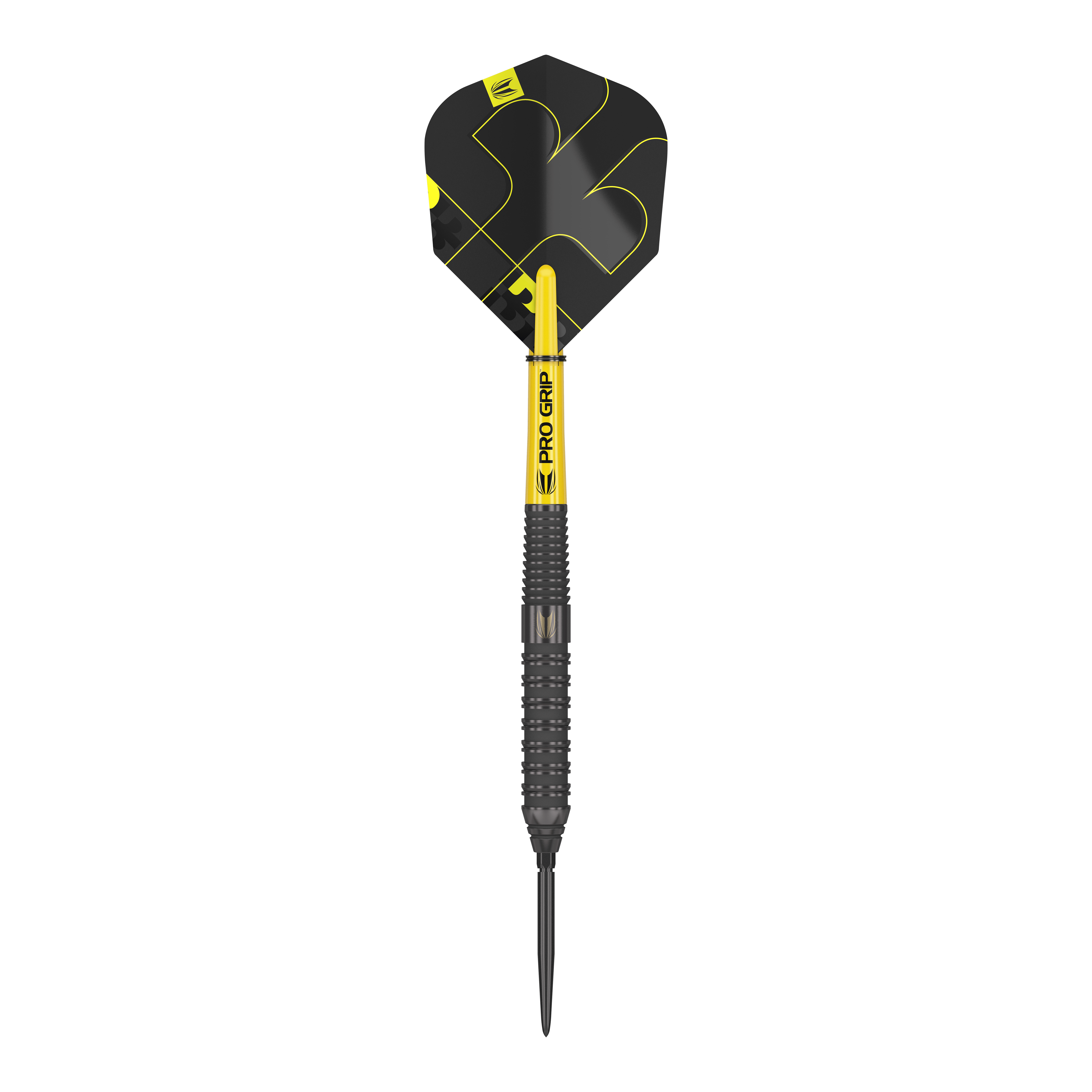 Target Bolide Void 02 Swiss Point stalen darts Das Bild zeigt einen Target Bolide Void 02 Swiss Point Steeldart. Der Dartpfeil ist schwarz mit gelben Akzenten und hat eine strukturierte Griffoberfläche.