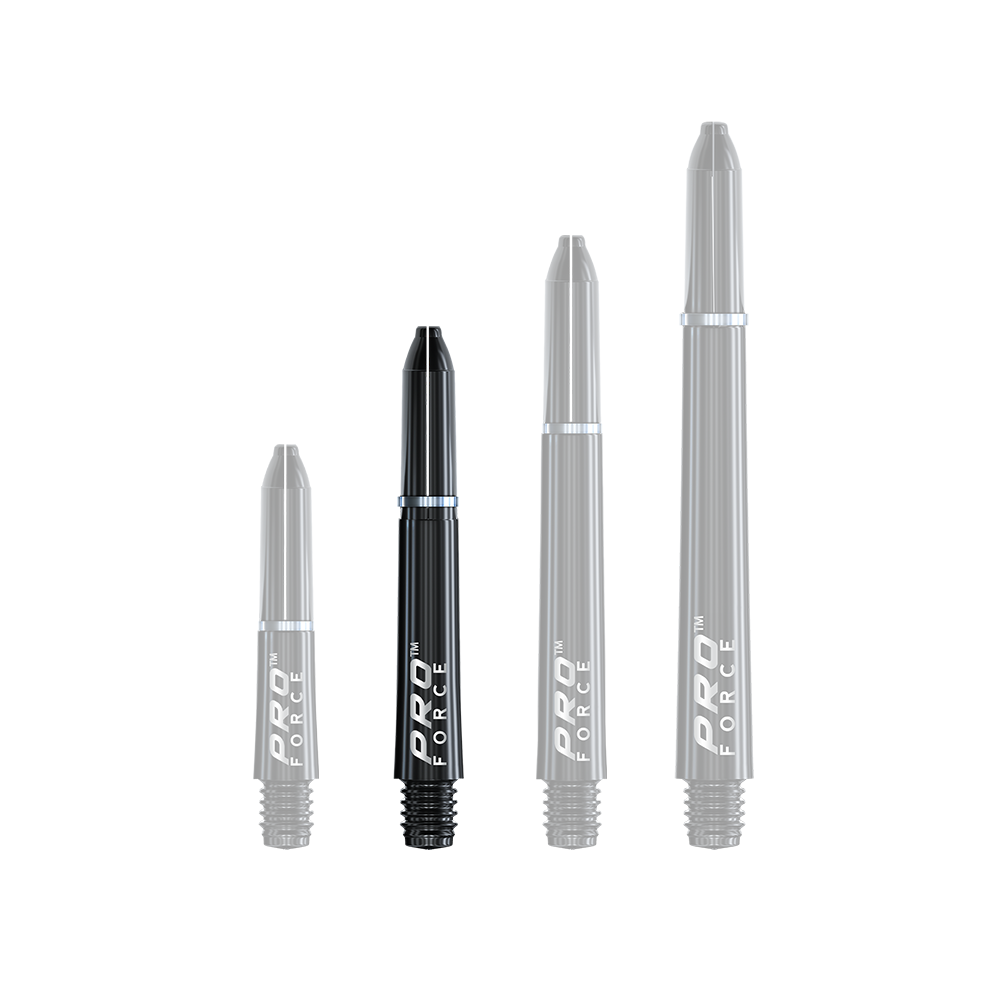 7011_101_Winmau_Pro-Force_Shafts_Schwarz_35mm_1 Auf dem Bild sind vier schwarze Winmau Pro-Force Shafts in unterschiedlichen Längen zu sehen. Sie sind zur Verwendung für Dartpfeile gedacht und haben ein modernes, glänzendes Design.