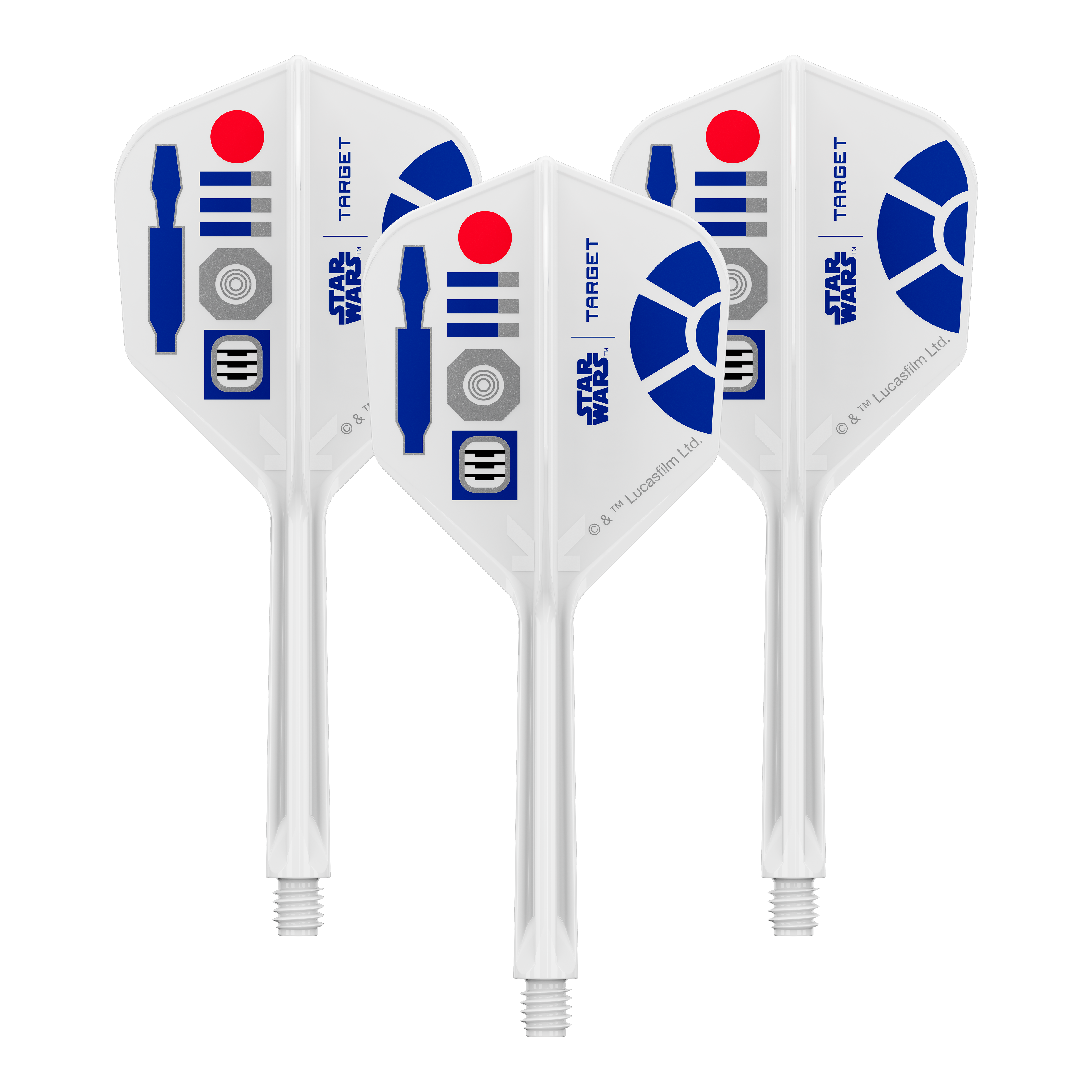 Target Star Wars K-Flex R2D2 No6-vluchten Zu sehen ist ein Produkt mit dem Dateinamen 410512_Target_StarWars_KFlex_R2D2_No6_Flights_Medium_33mm_1Set. Vermutlich handelt es sich dabei um ein Set von Dart-Flights mit Star Wars Thema.