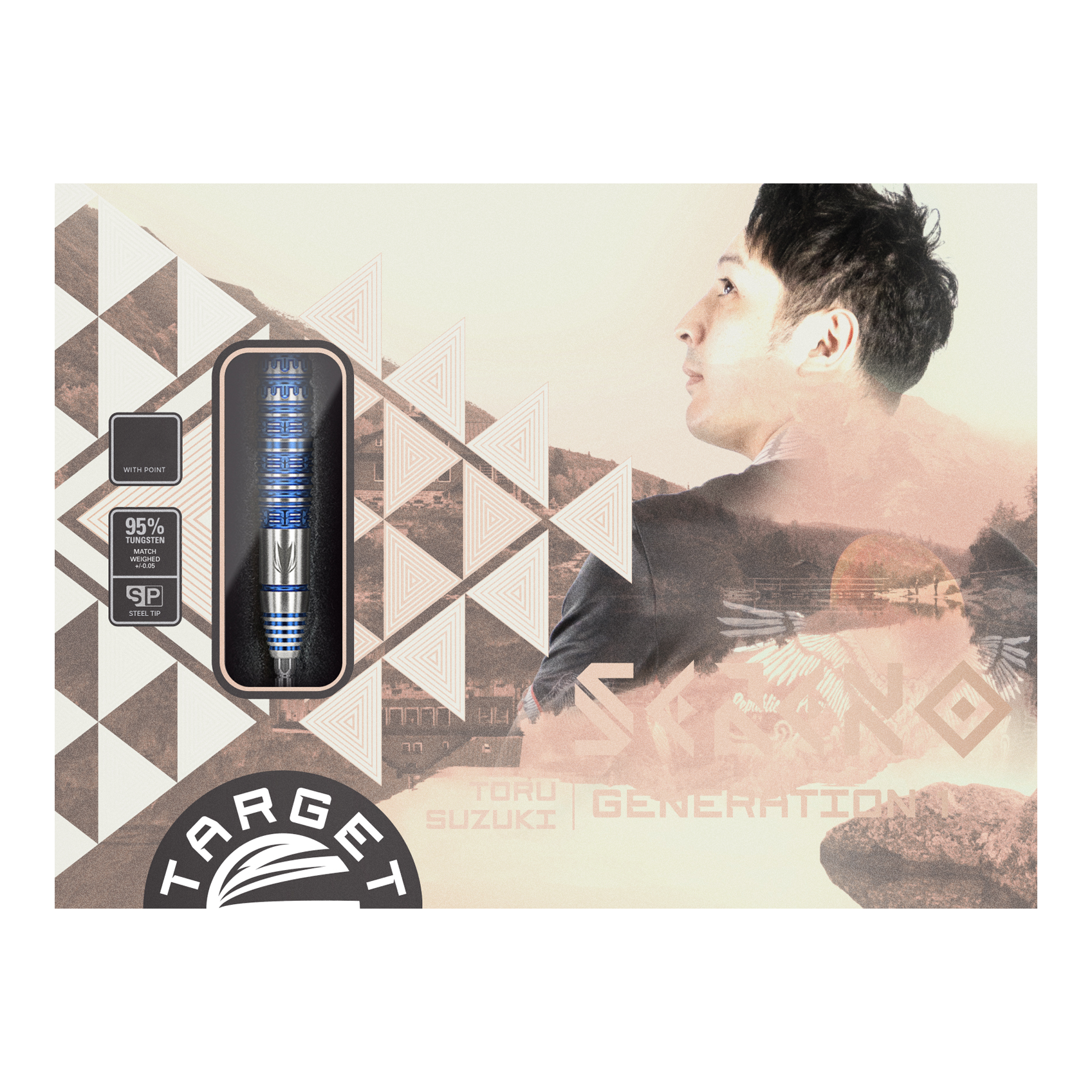 Target Japan Toru Suzuki Sereno GEN1 Swiss Point Steeldarts - 21g Die Verpackung zeigt die Steeldarts "Target Japan Toru Suzuki Sereno GEN1 Swiss Point" mit einem Gewicht von 21g. Auf der rechten Seite ist eine Porträtaufnahme eines Mannes abgebildet.