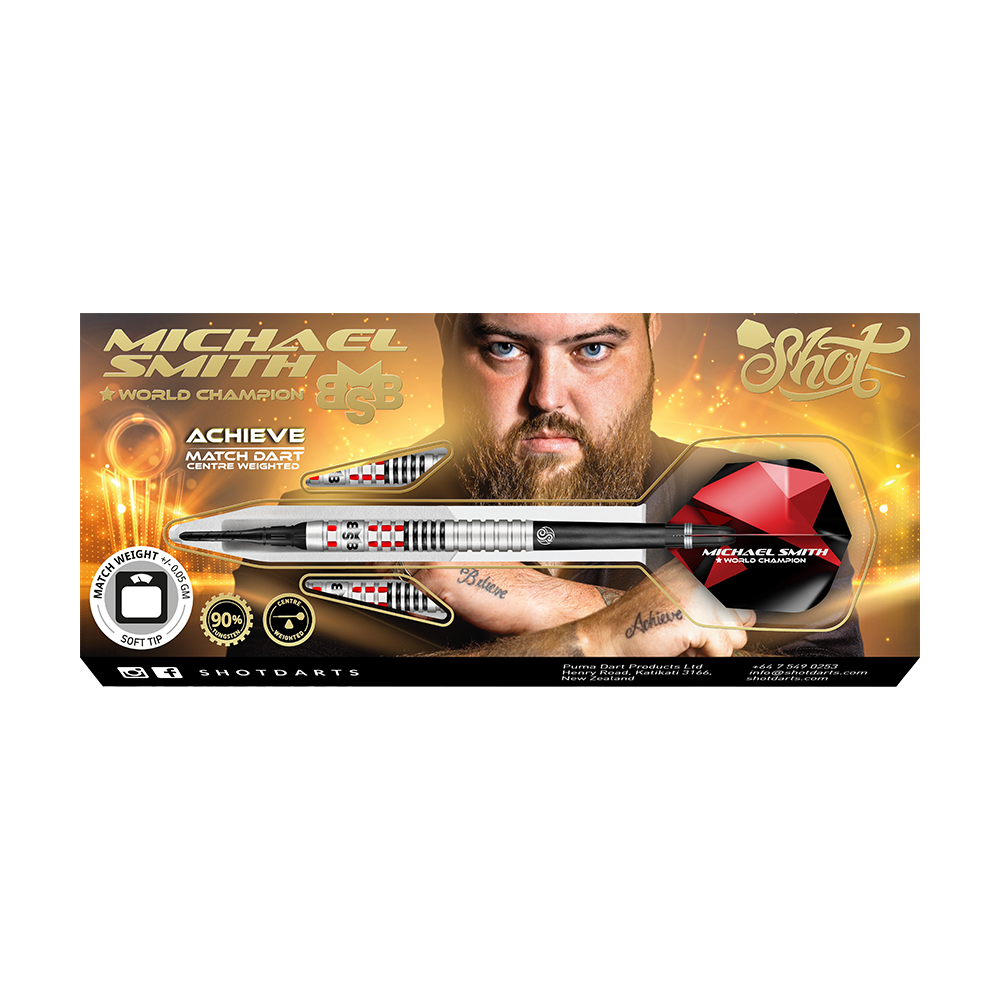 Shot Michael Smith bereikt zachte darts Auf dem Bild ist eine Packung mit Softdarts der Marke Shot zu sehen, die vom Weltmeister Michael Smith beworben wird. Die Verpackung zeigt ein Bild von Michael Smith und hebt die Eigenschaften des Produkts hervor.
