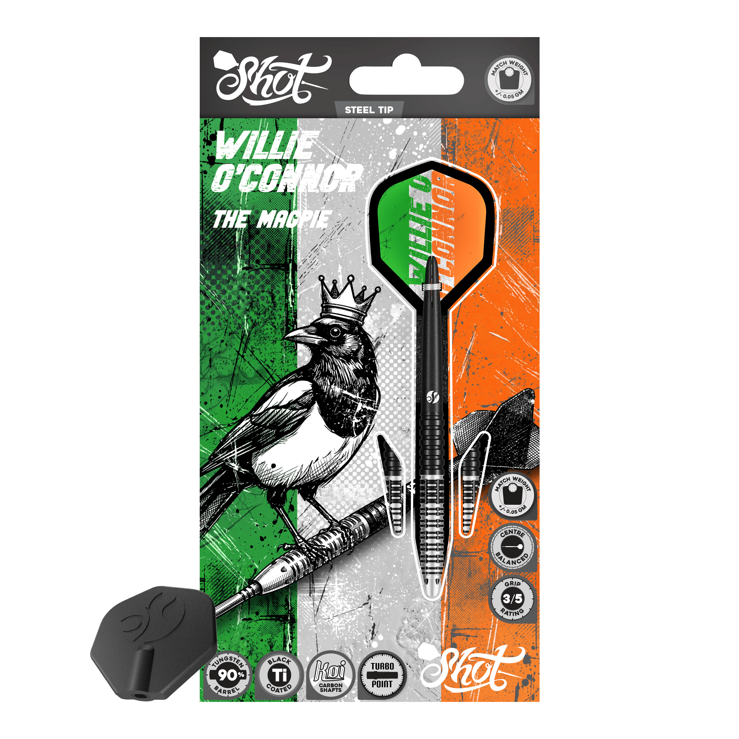 Shot Pro Series Willie O'Connor Magpie Turbo Point Steeldarts bestehen aus filigran gearbeiteten Dartpfeilen. Sie werden fächerförmig angeordnet gezeigt.