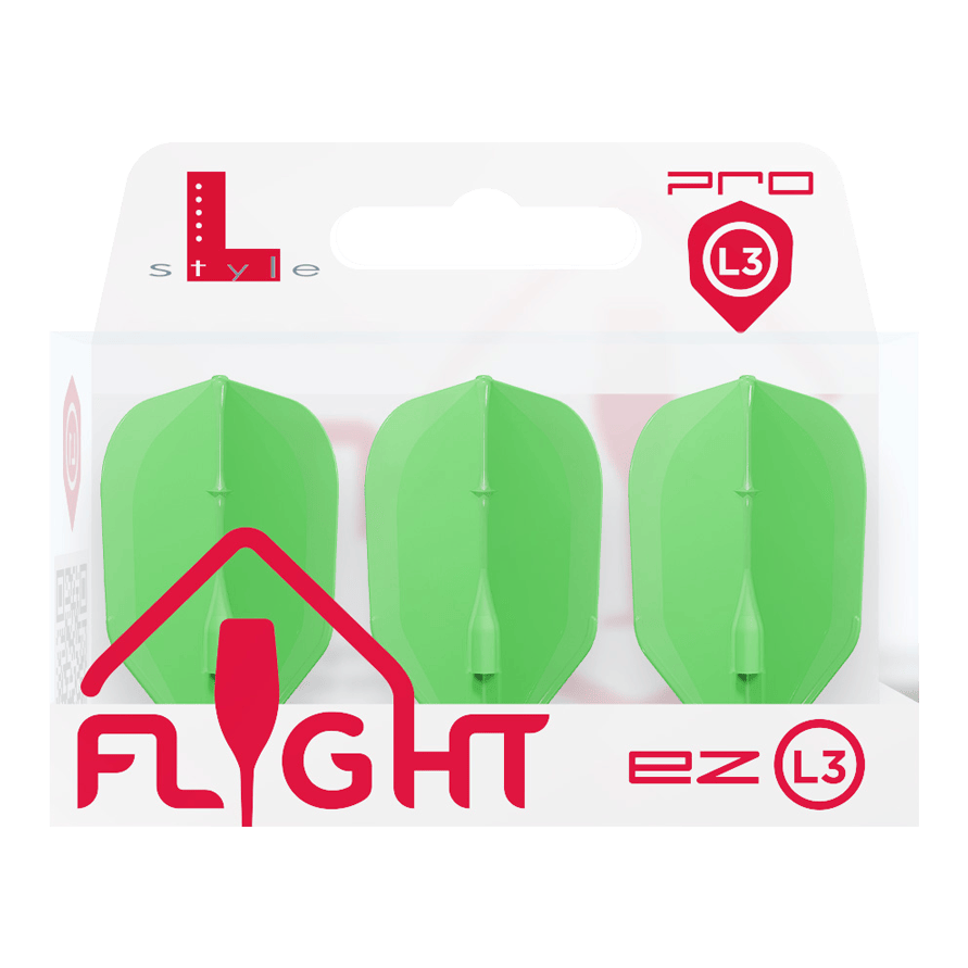 L-L-Style3EZ-vluchten Das Bild zeigt eine Packung mit drei neon-grünen Dartflights. Die Verpackung ist mit "L-Style Flight EZ L3" beschriftet.