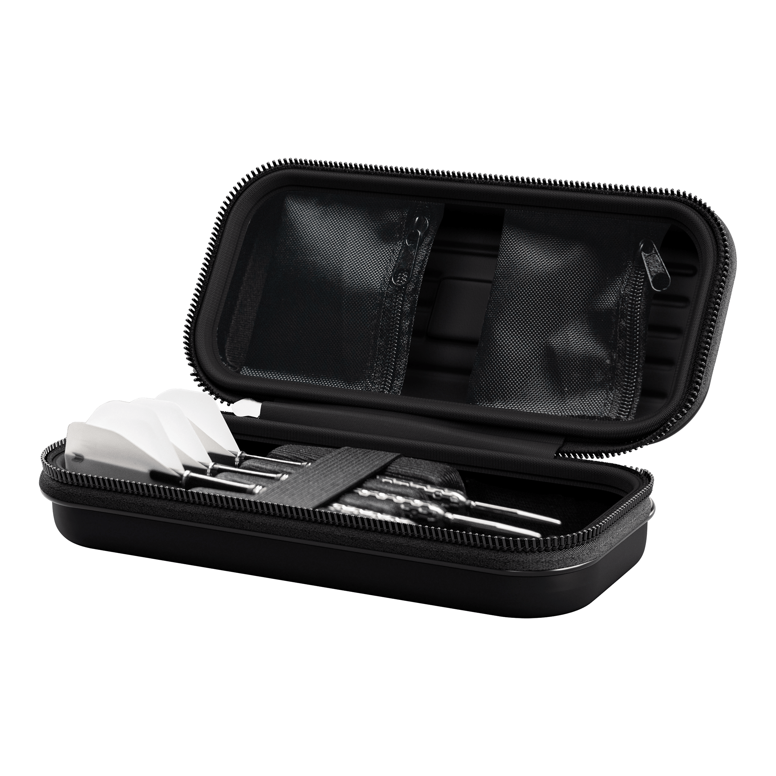Takoma Ghost Series Nathan Aspinall darthoesje Das Bild zeigt das Produkt "Target Takoma Bolide Dartcase", ein schwarzes Etui für Dartpfeile. Im Inneren befinden sich Fächer mit Reißverschluss und elastische Bänder zur sicheren Aufbewahrung der Darts.