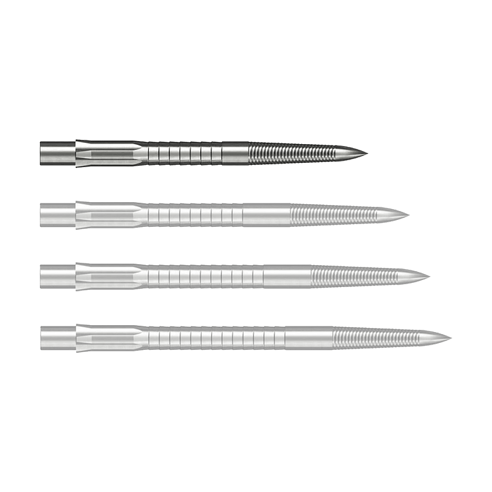 Caliburn System Steel Dart Tips - Micro Grip - Zilver Abgebildet ist eine silberne Caliburn Evo System Steeldartspitze Micro Grip mit 28 mm Länge. Die Spitze liegt deutlich sichtbar auf einem hellen Hintergrund.