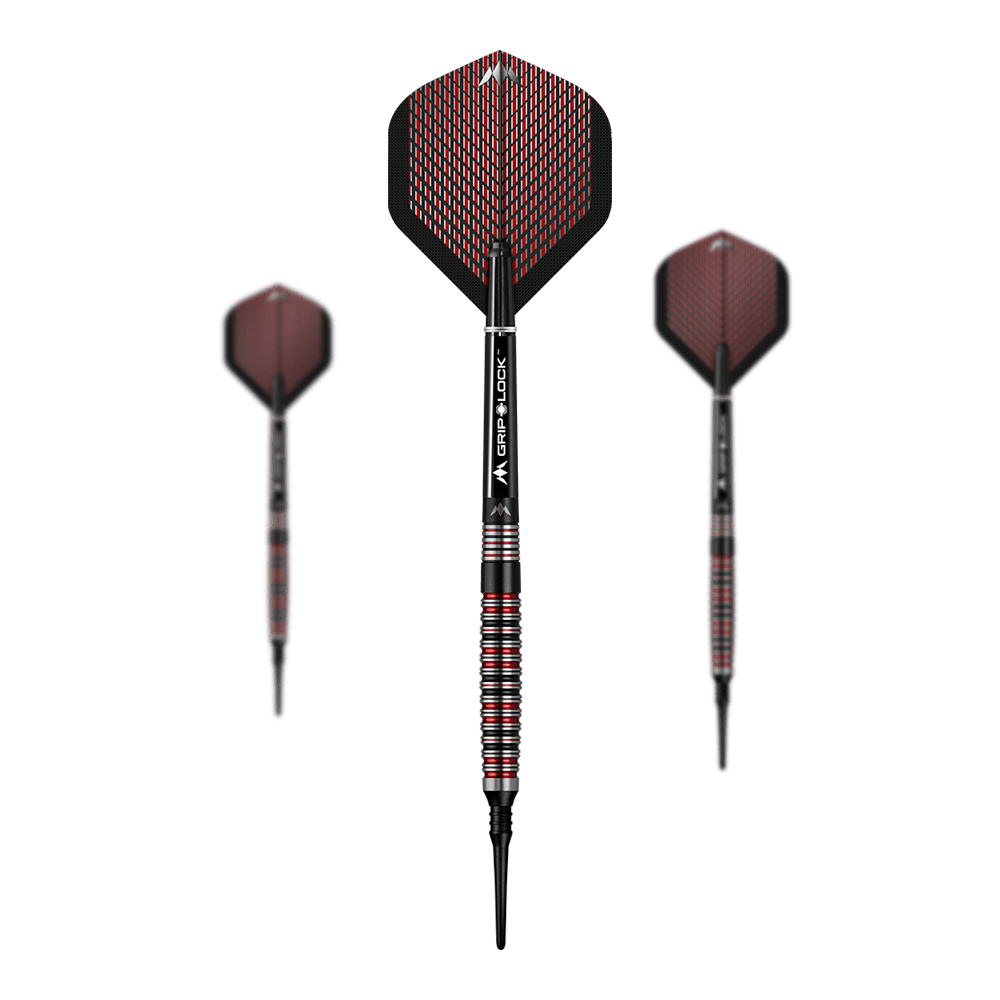 Mission Red Dawn Model 3 Zachte Darts - 20g Das Bild zeigt drei Softdarts des Modells Mission Red Dawn Model 3 mit einem Gewicht von 20g. Die Darts haben schwarze und rote Flights sowie silberne und rote Griffe.