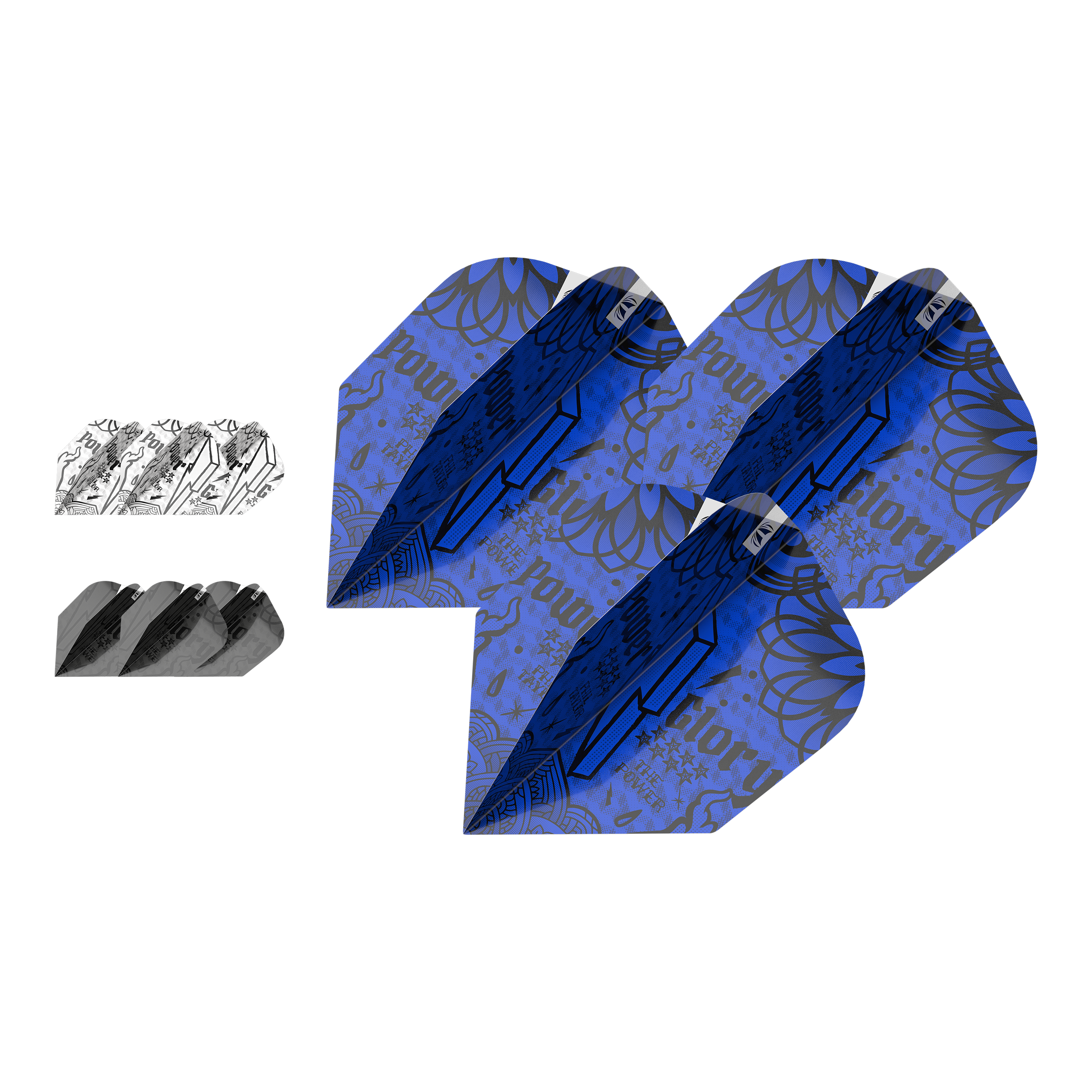 Target Inktbundel 3 sets Power No6 Vluchten Das Bild zeigt drei Sets von Target Ink Bundle Power No6 Flights in verschiedenen Farben und Designs. Die Flights sind in Blau, Schwarz und Weiß mit auffälligen grafischen Mustern gestaltet.