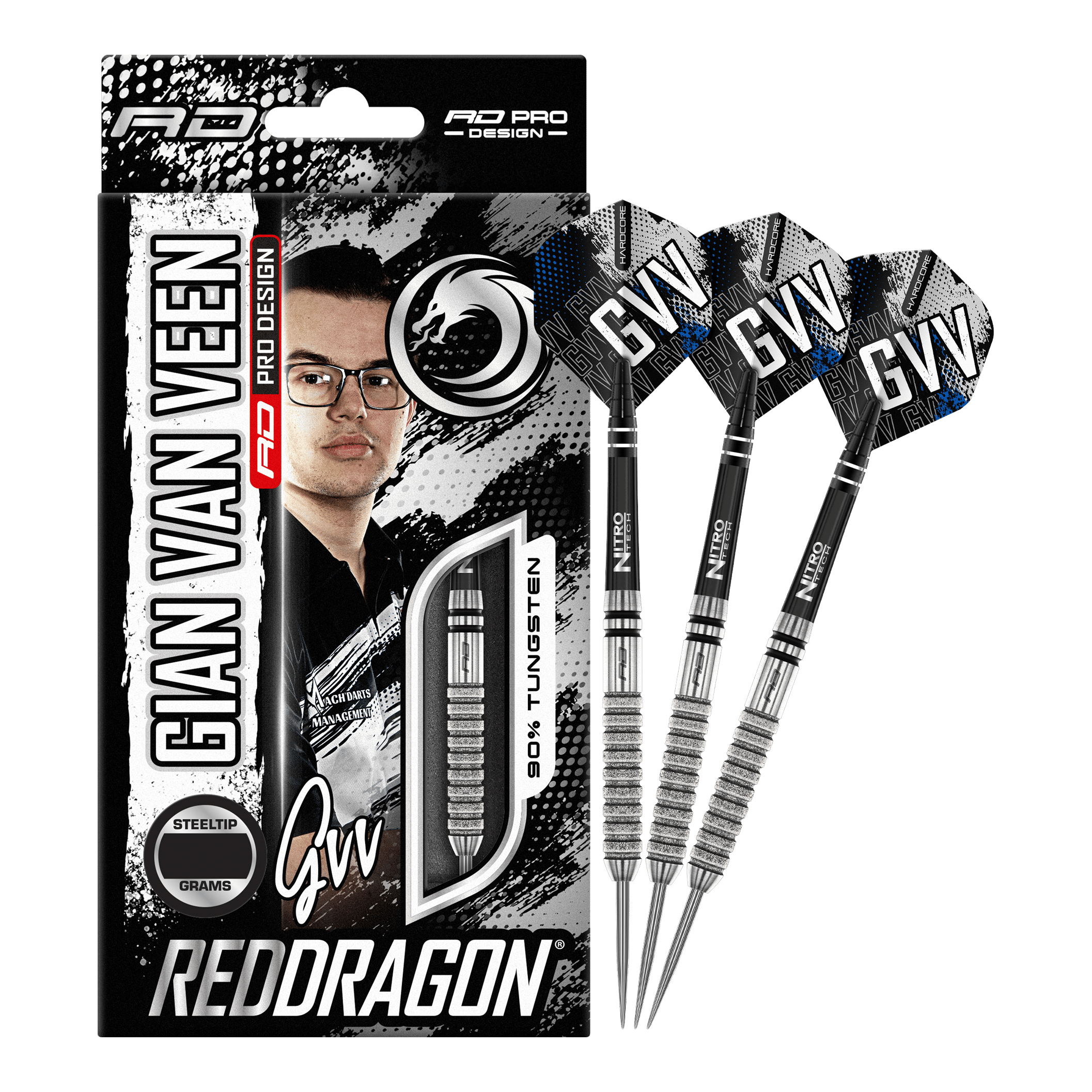 Red Dragon Gian Van Veen Tour Editie Steeldarts - 22g Das Bild zeigt die Verpackung und drei Steeldarts des Produkts „Red Dragon Gian Van Veen Tour Edition“ mit 22 Gramm Gewicht. Auf der Verpackung ist ein Porträt von Gian Van Veen sowie der Schriftzug „REDDRAGON“ zu sehen.