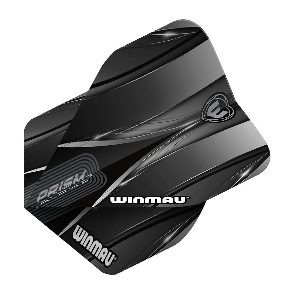 Winmau Alpha Sniper Black standaardvluchten Das Bild zeigt das Produkt "Winmau Alpha Sniper Black Standard Flights". Die Flights sind schwarz mit silbernen und grauen Designelementen und tragen das Winmau-Logo.