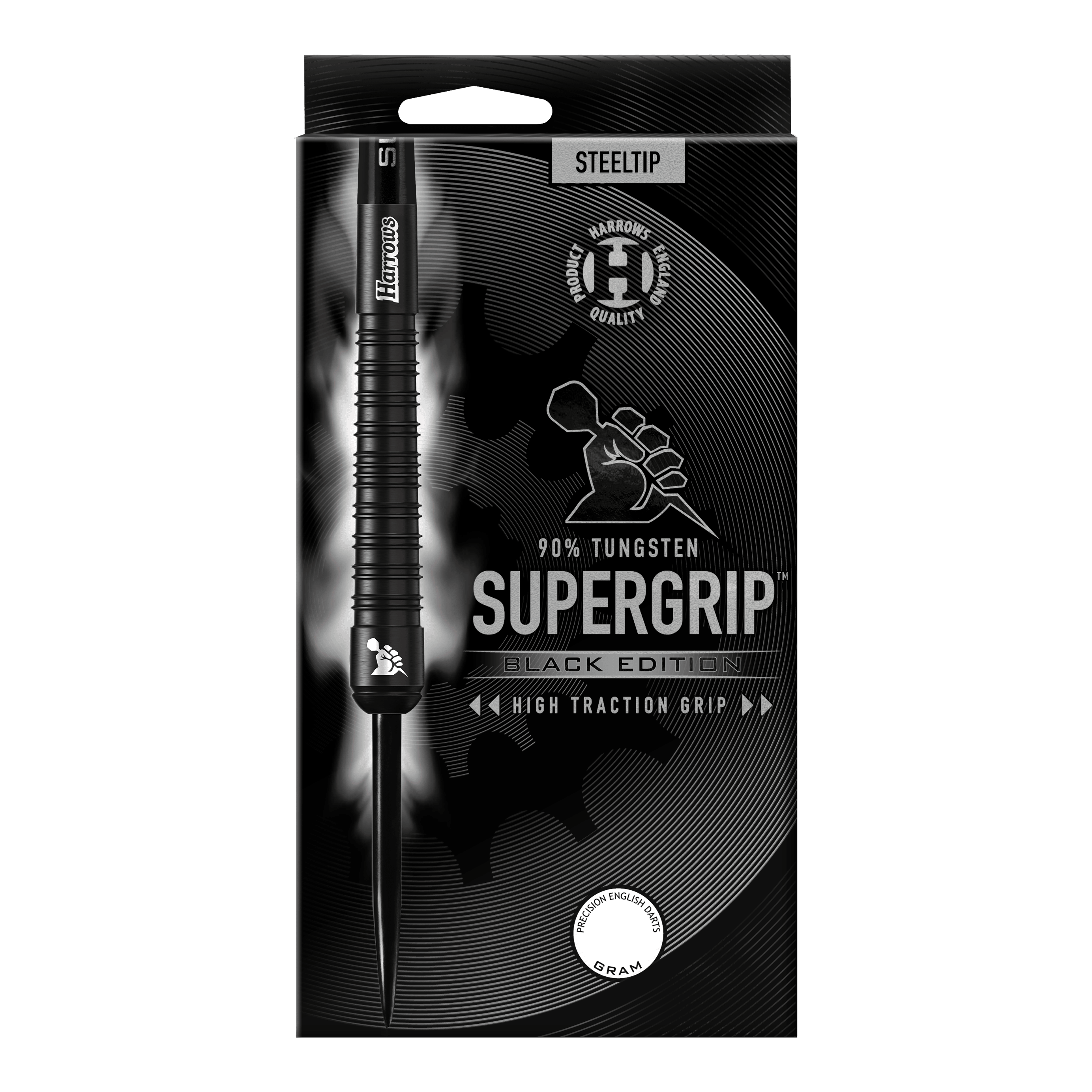 Harrows Supergrip Black Edition stalen darts Das Bild zeigt die Verpackung der "Harrows Supergrip Black-Edition Steeldarts". Die Verpackung ist schwarz gehalten und hebt die hohe Griffigkeit sowie einen 90%igen Tungsten-Anteil hervor.