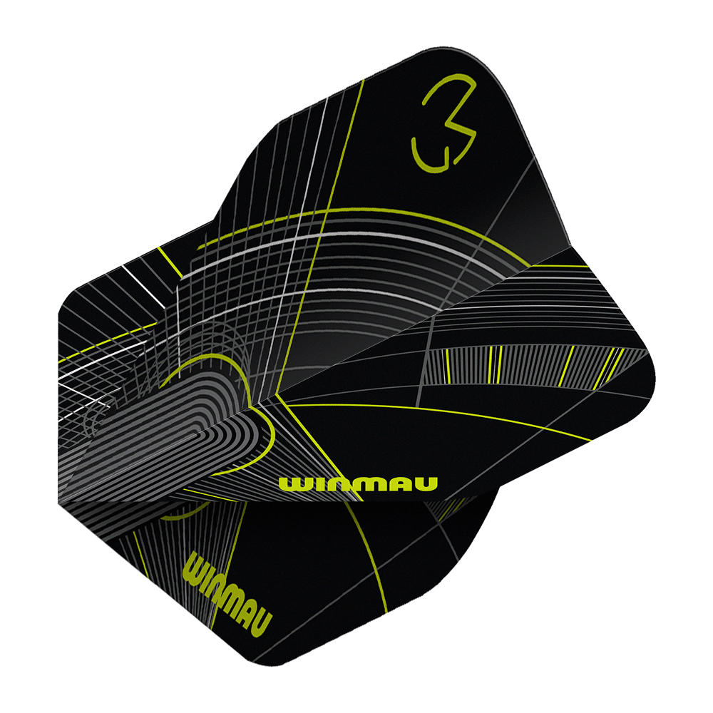 Winmau Prism Delta MvG Zwart Groen Nr. 2 Standaardvluchten Das Bild zeigt die Winmau Prism Delta MvG Black Green No2 Standard Flights. Diese Dartflights sind in Schwarz und Grün gestaltet.