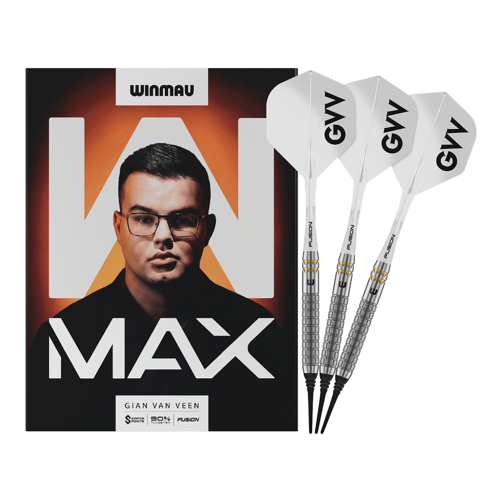 Winmau Gian Van Veen W-MAX zachte darts - 18g Winmau Gian Van Veen W-MAX Softdarts - 18g werden vollständig dargestellt. Alle Details der drei Darts sind sichtbar.
