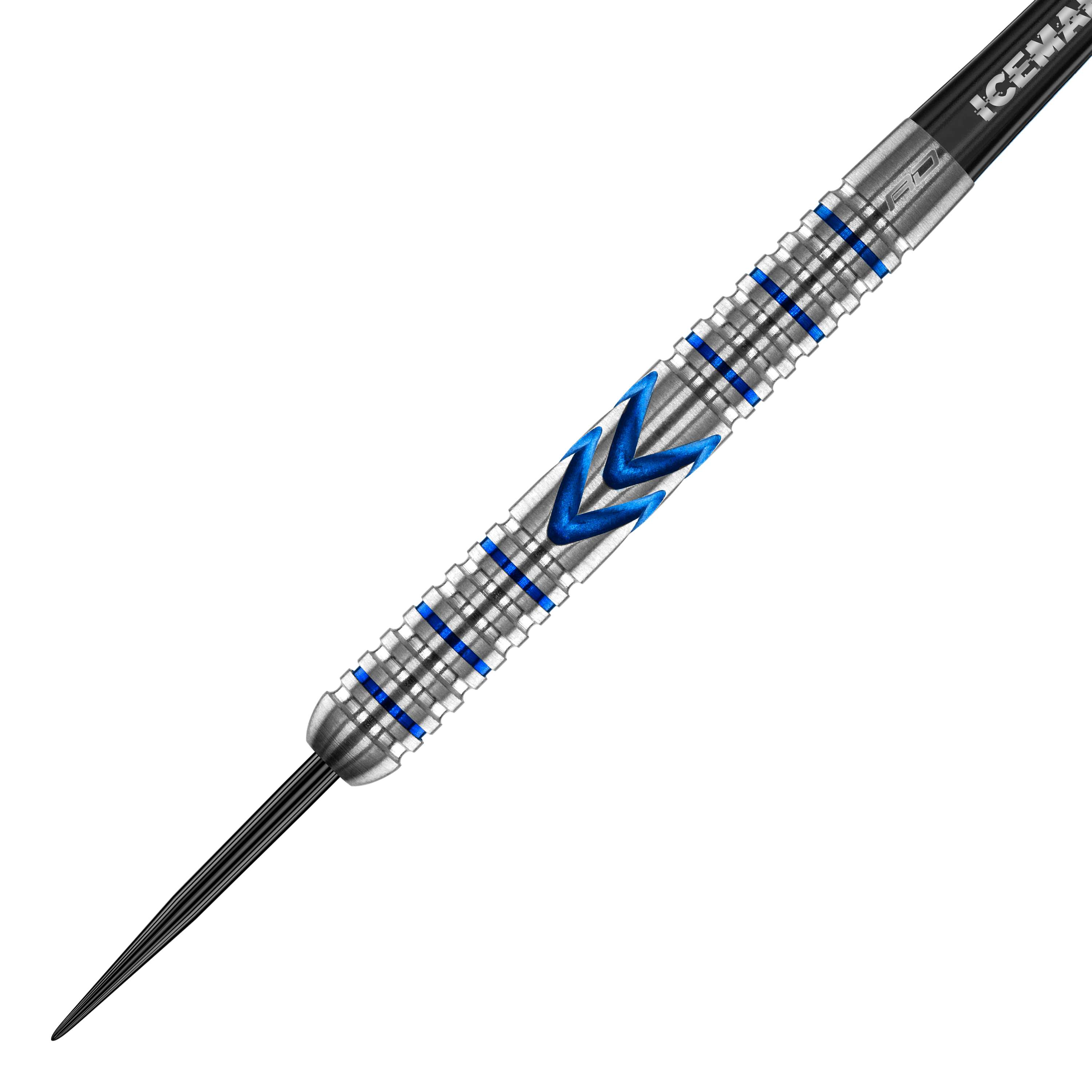 Red Dragon Gerwyn Price Iceman Midnight Edition stalen darts Das Bild zeigt einen Steeldart mit silberner Oberfläche und blauen Akzenten. In der Mitte befindet sich ein markantes blaues Muster in Pfeilform.