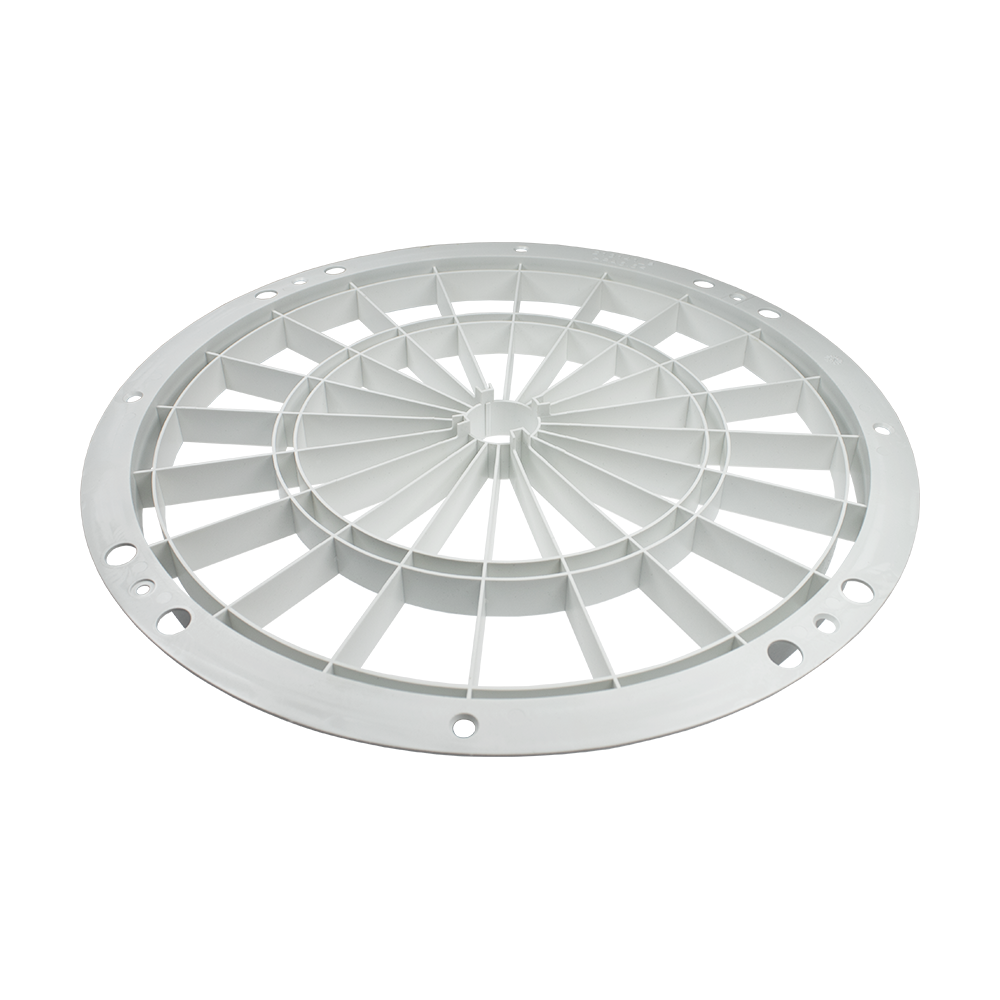 DKS01_L-wen_Dart_Original_Ersatzteile_Komplett_Set_3 Das Bild zeigt ein weißes Ersatzteil für ein elektronisches Dartboard. Es ist rund und besteht aus robustem Kunststoff mit mehreren Verstrebungen.