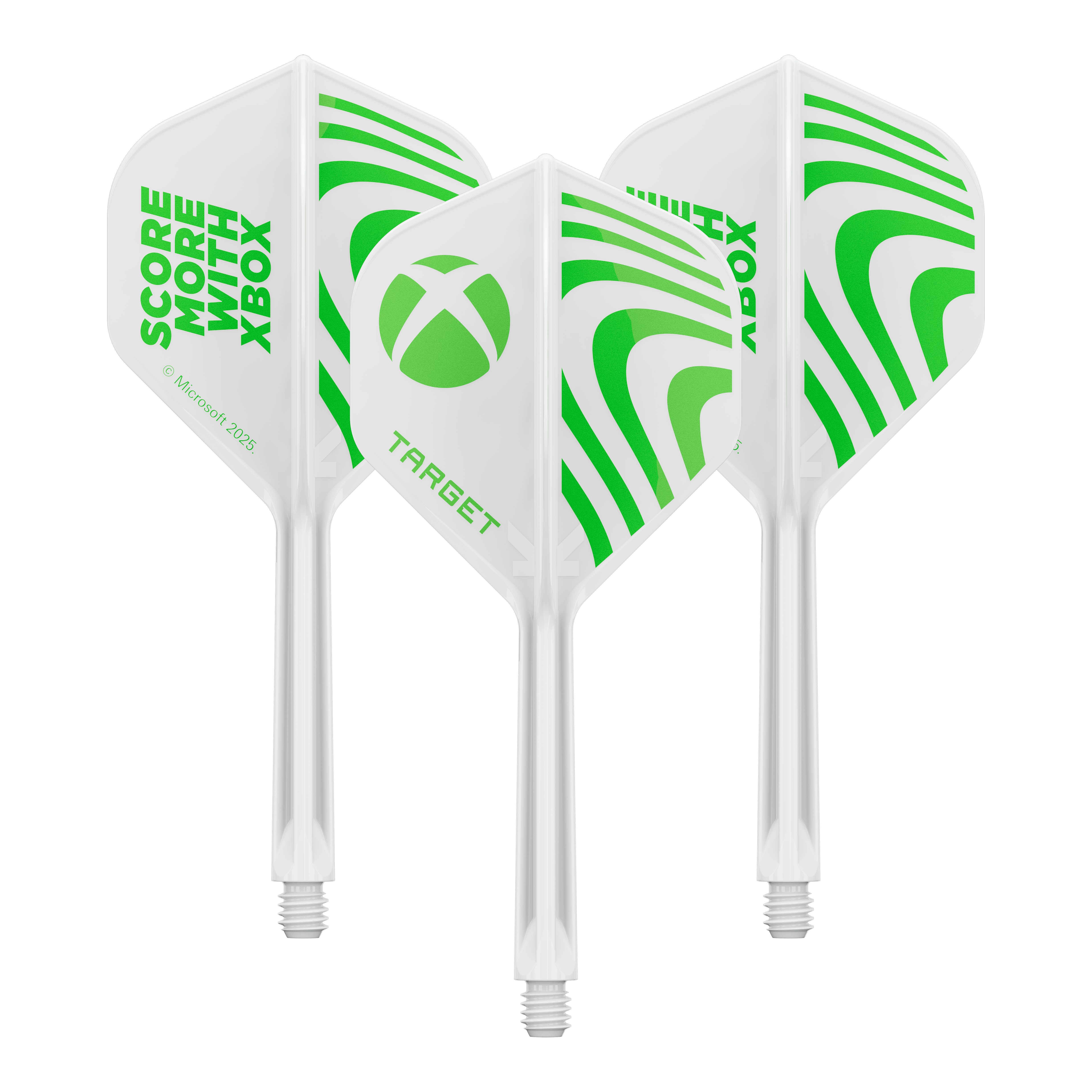 Target Xbox K-Flex No2 standaard flight controllers - wit Ein Produktbild mit dem Dateinamen 410612_Target_Xbox_KFlex_No2_Standard_Flights_33mm_1Set. Es handelt sich wahrscheinlich um ein Set vom Dartzubehör.