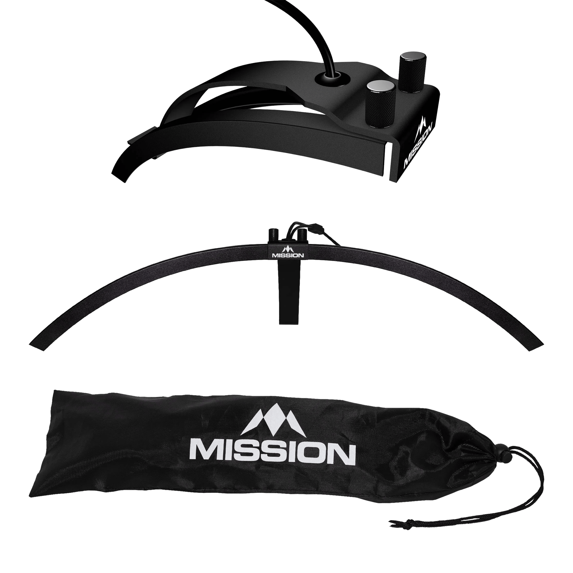 Mission Torus 100 Opvouwbare LED Dartbordverlichting Das Bild zeigt die faltbare LED Dartboard Beleuchtung "Mission Torus 100". Abgebildet sind das Beleuchtungselement, ein Bogen und eine schwarze Transporttasche mit dem Mission-Logo.
