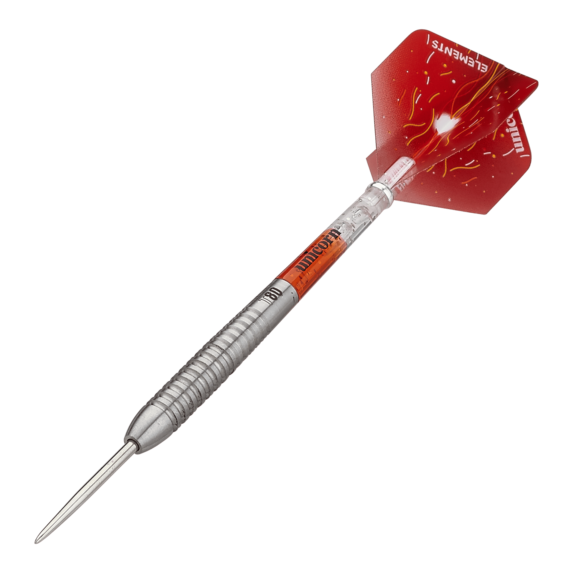 Unicorn Core XL Striker Style 5 stalen darts Das Bild zeigt einen Unicorn Core XL Striker Style 5 Steeldart. Der Dartpfeil hat einen silbernen Schaft und rote Flights mit gelben Mustern.