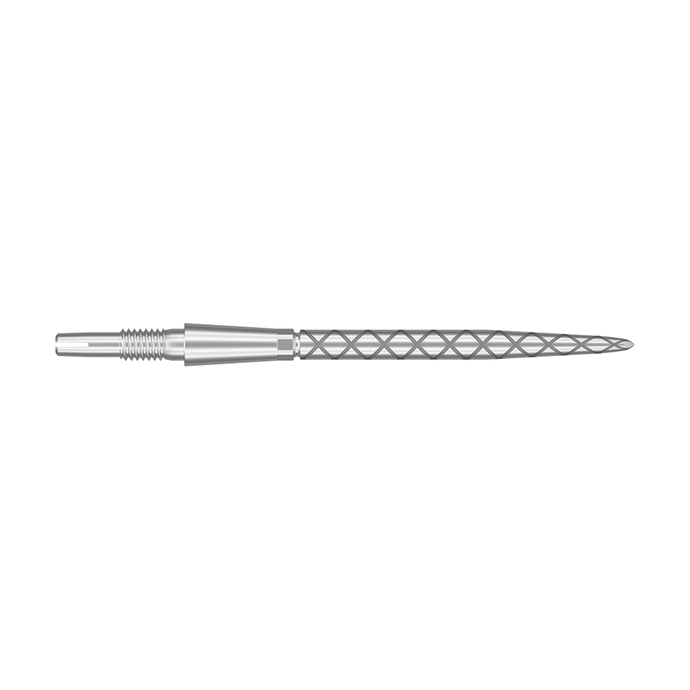 Target Swiss Storm Diamond Point Dartpunten - Zilver Das Bild zeigt eine silberne Dartspitze mit einem rautenförmigen Muster. Die Spitze ist lang und schmal, mit feinen Rillen für besseren Halt.