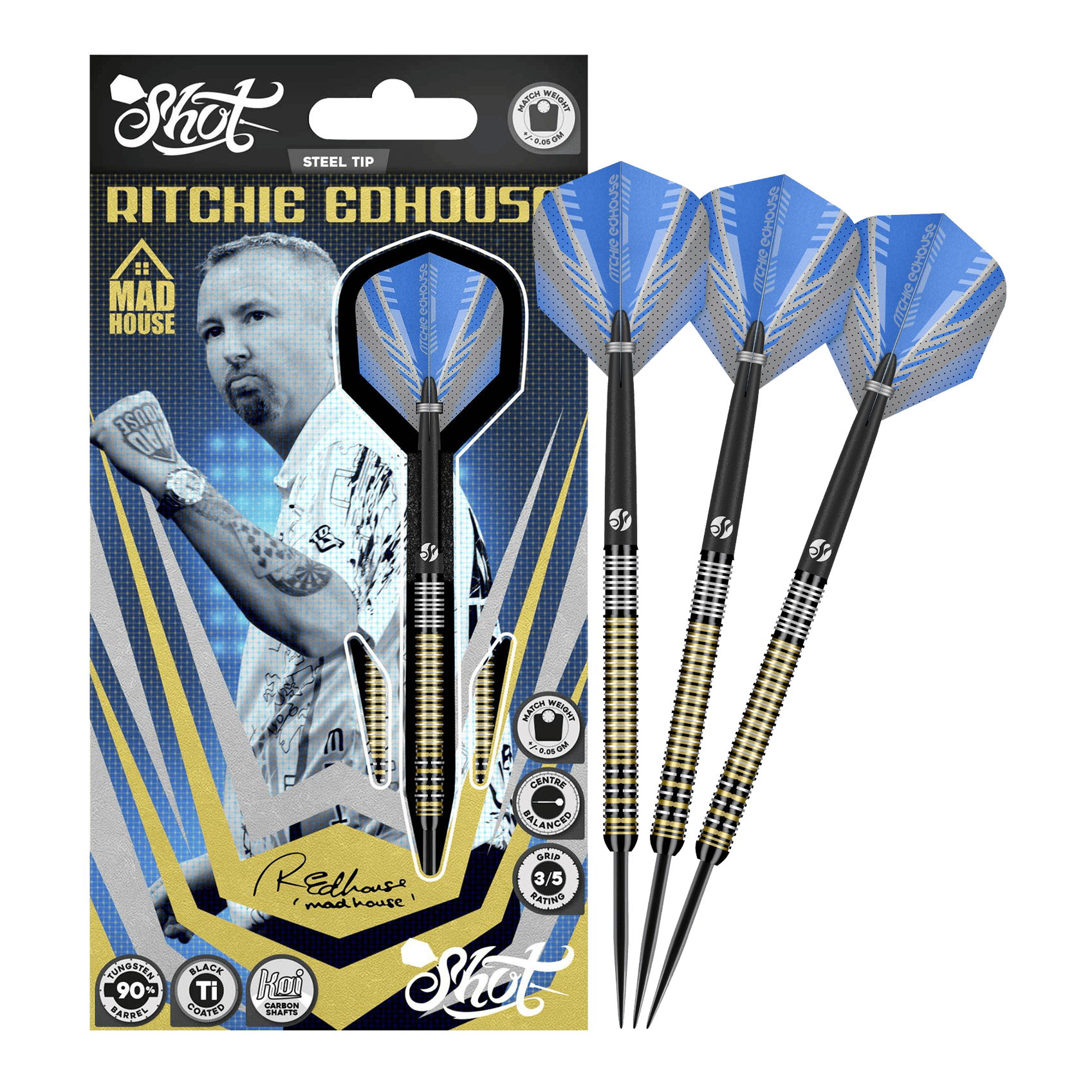Shot Ritchie Edhouse Madhouse stalen dartpijlen Das Bild zeigt die Shot Ritchie Edhouse Madhouse Steeldarts in voller Ansicht. Diese Darts zeichnen sich durch ihr einzigartiges Design aus.