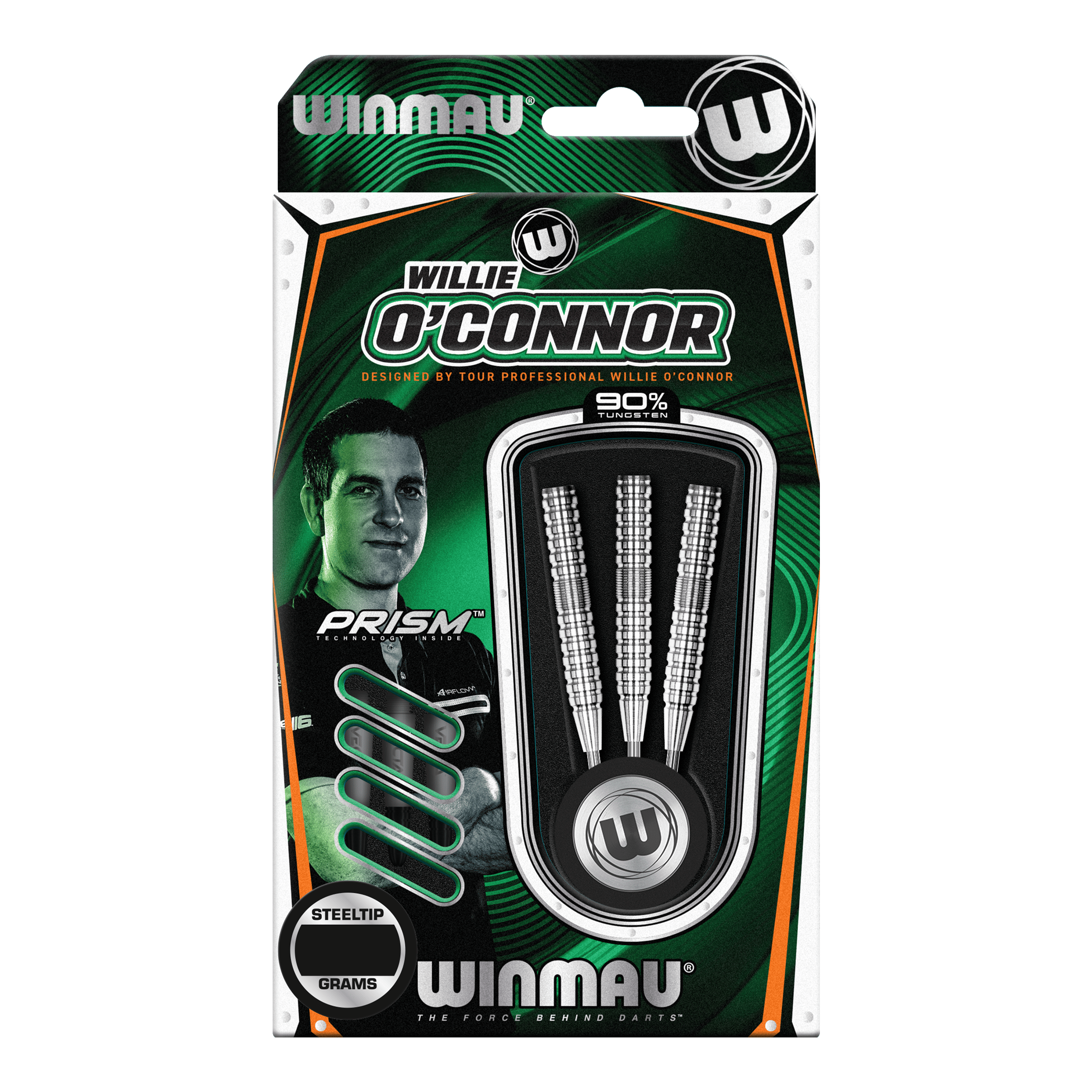 Winmau Willie O'Connor Steel Darts - 23g Die Verpackung zeigt die Winmau Willie O’Connor Steeldarts mit einem Gewicht von 23 Gramm. Im Inneren sind drei silberne Steeldarts zu sehen.
