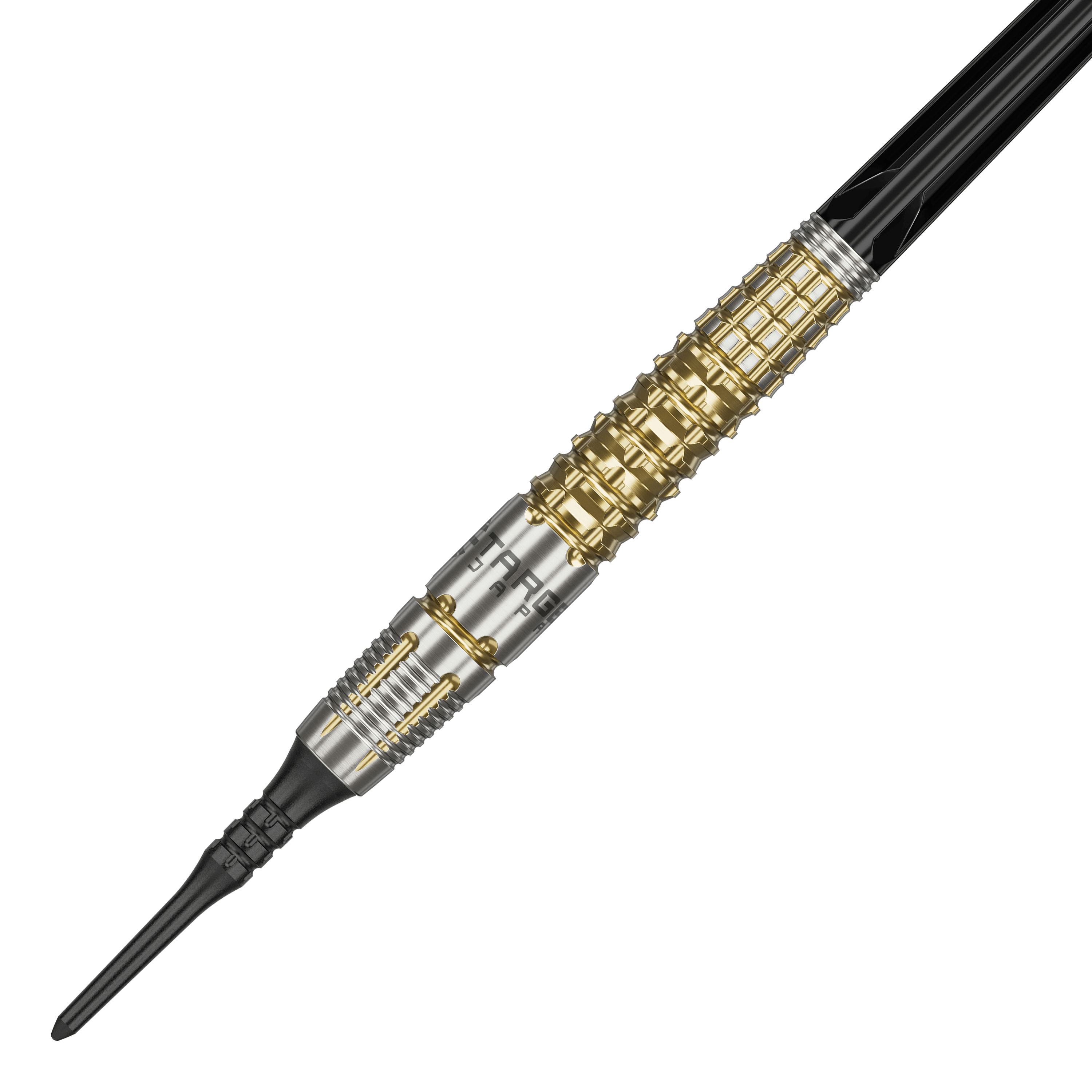 Target Japan Black Marque Warrior Soft Darts - 18,5 g Das Bild zeigt einen Softdart namens "Target Japan Black Marque Warrior" mit einem Gewicht von 18,5g. Der Dart hat ein auffälliges Design mit goldenen und silbernen Elementen sowie einer schwarzen Spitze.