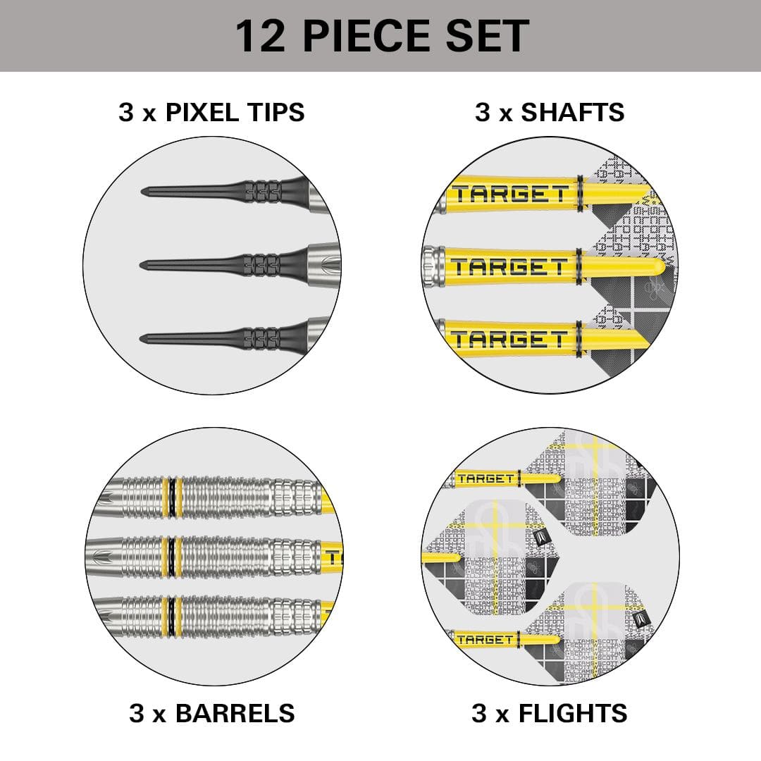 Target Scott Williams GEN2 zachte darts - 18g Das Bild zeigt ein 12-teiliges Softdart-Set mit dem Namen "Target Scott Williams GEN2 Softdarts - 18g". Es enthält 3 Pixelspitzen, 3 Schäfte, 3 Barrels und 3 Flights.