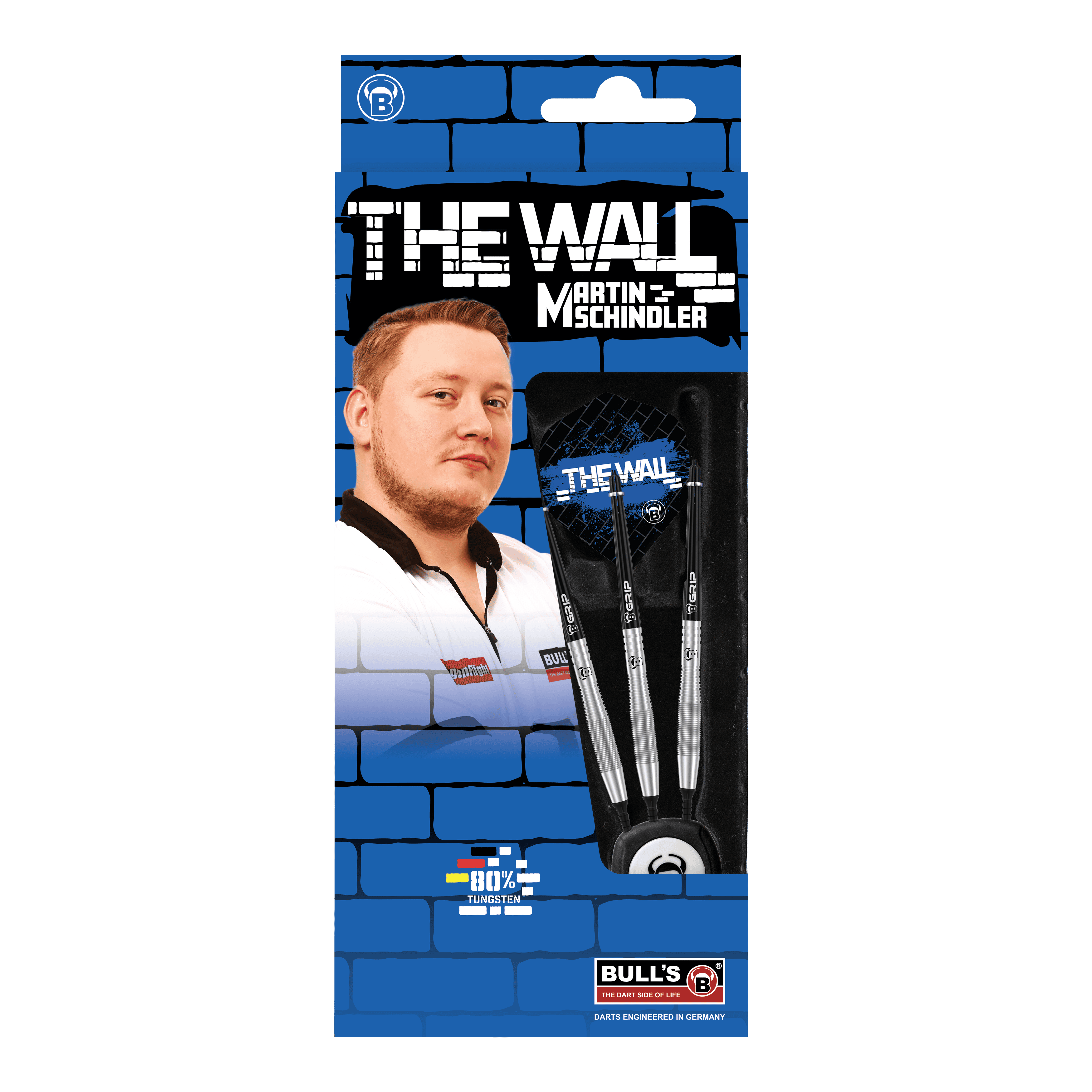 Bulls Martin Schindler TW80 zachte darts - 18g Die Abbildung zeigt die Produktverpackung der "Bulls Martin Schindler TW80 Softdarts - 18g". Auf der Verpackung ist ein Bild von Martin Schindler sowie drei Softdarts und das Logo von BULL'S zu sehen.